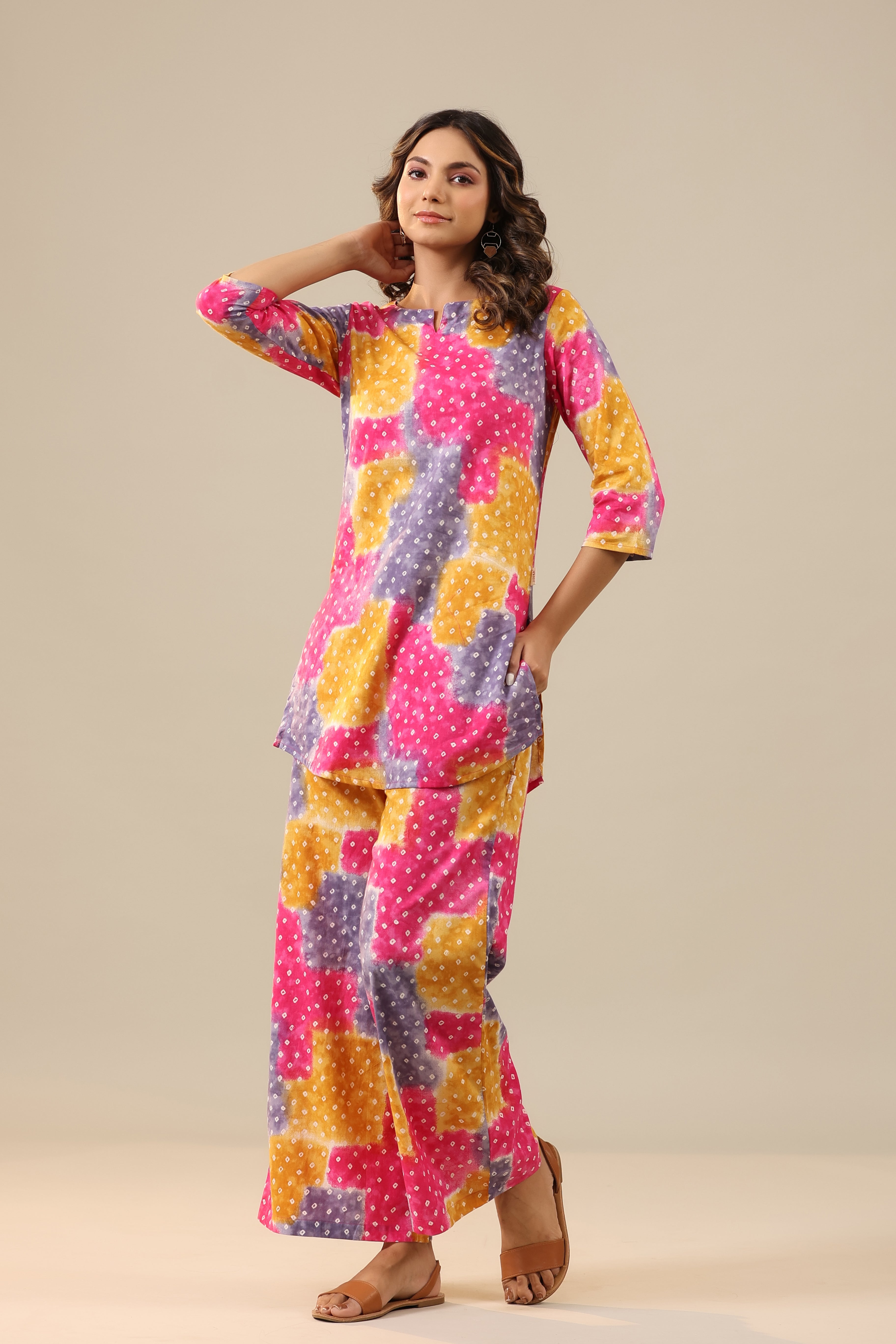 Multicoloured Bandhej on Cotton Palazzo Loungewear Set