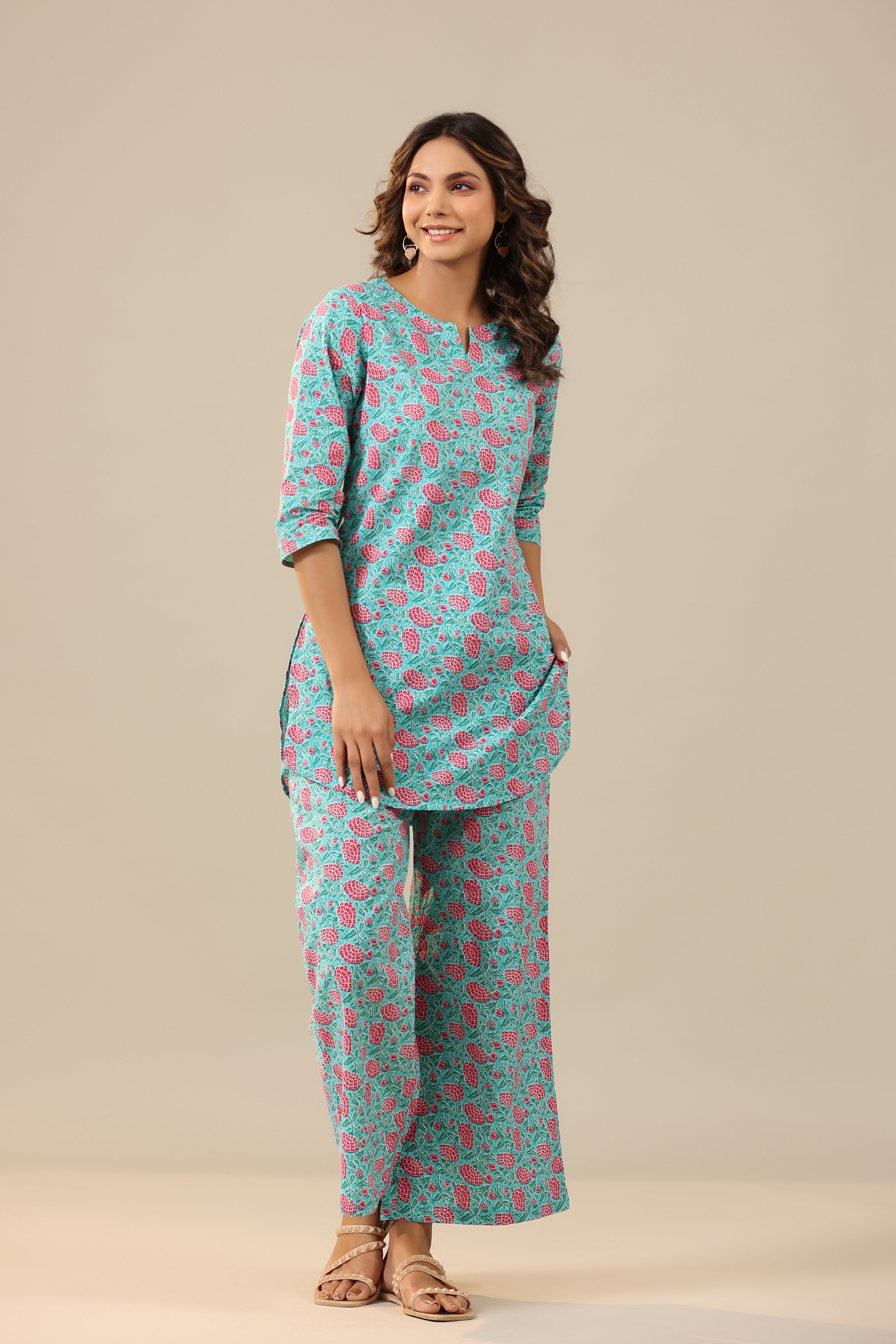 Pink Dahlia on Light Blue Cotton Palazzo Loungewear Set