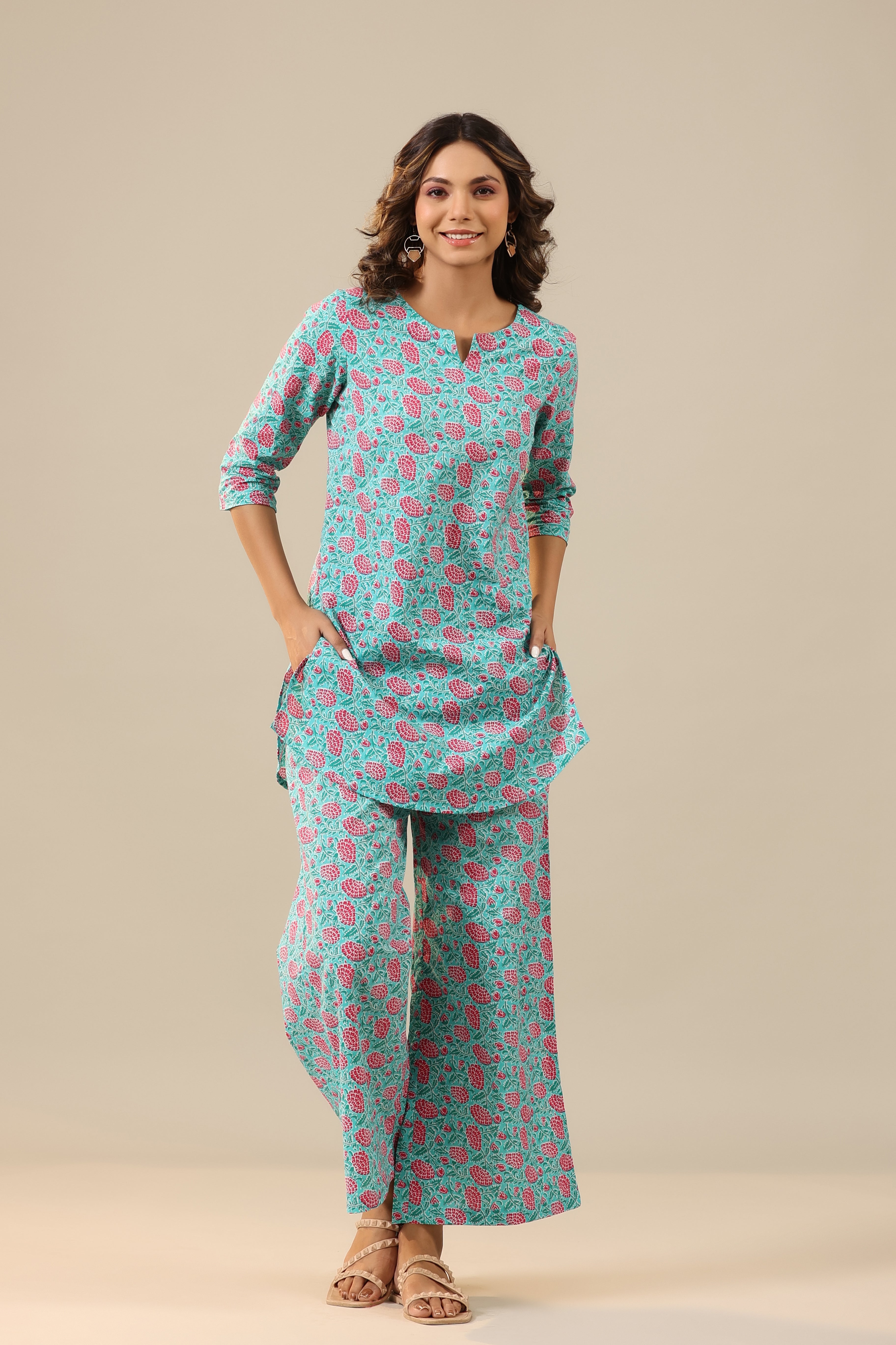 Pink Dahlia on Light Blue Cotton Palazzo Loungewear Set