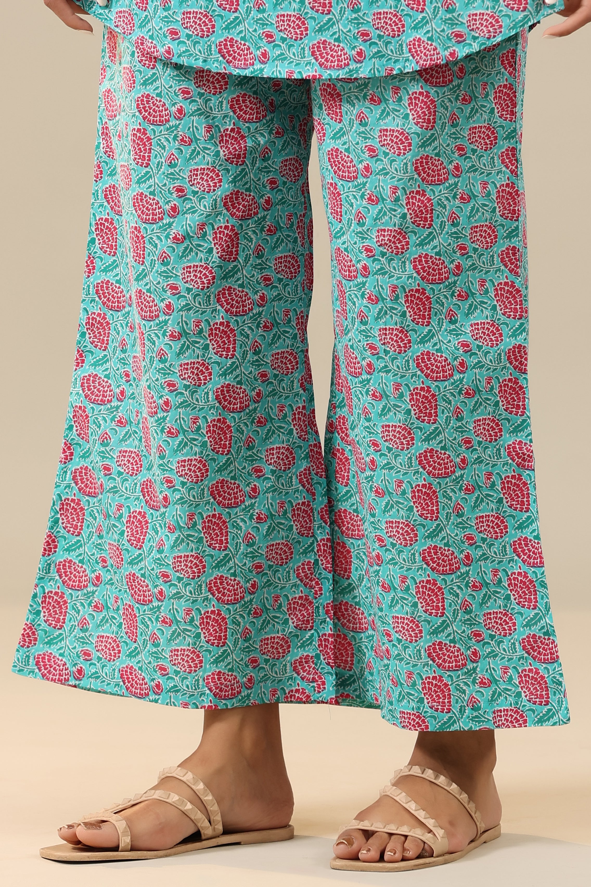 Pink Dahlia on Light Blue Cotton Palazzo Loungewear Set