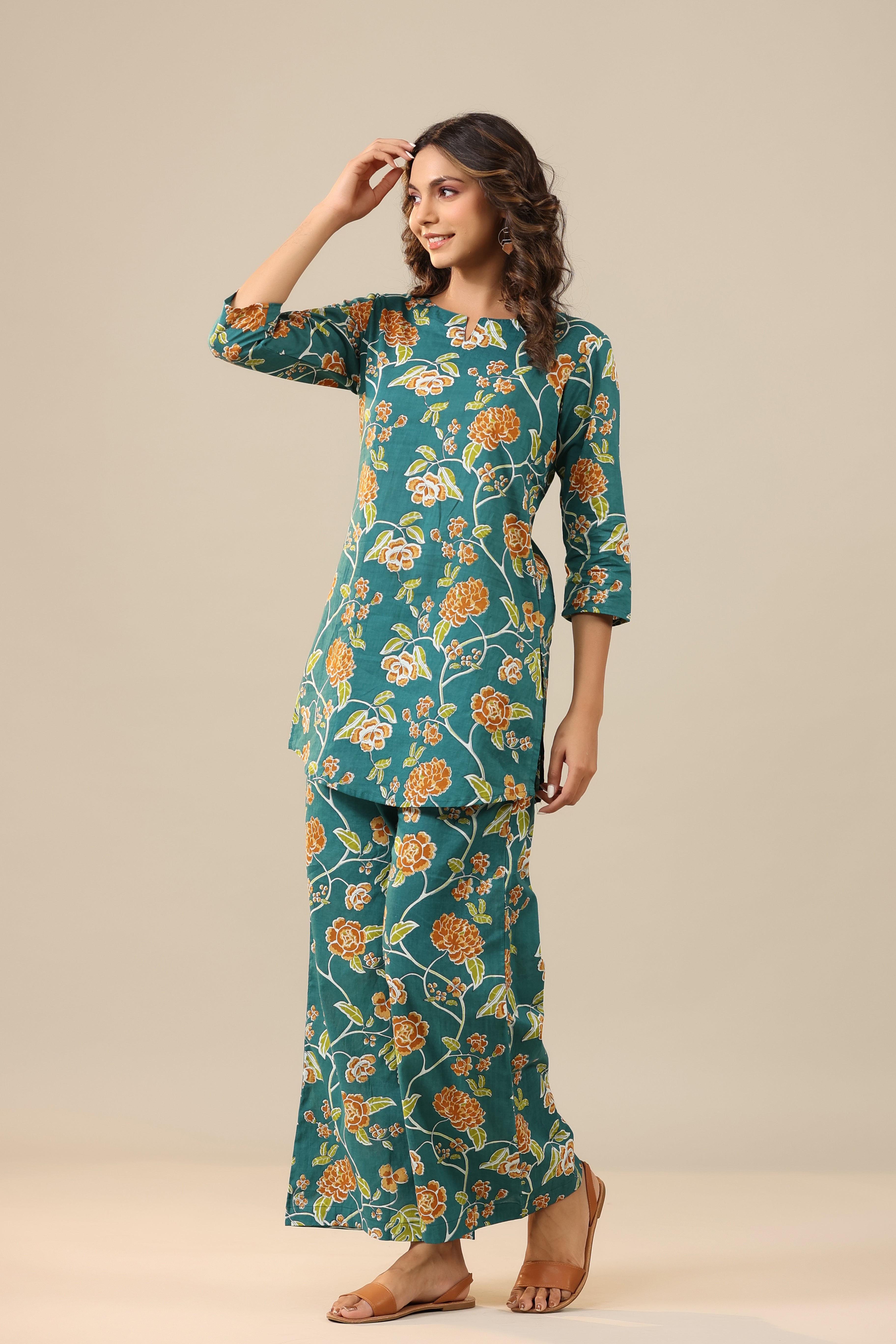 Floral Jaal on Teal Cotton Palazzo Loungewear Set