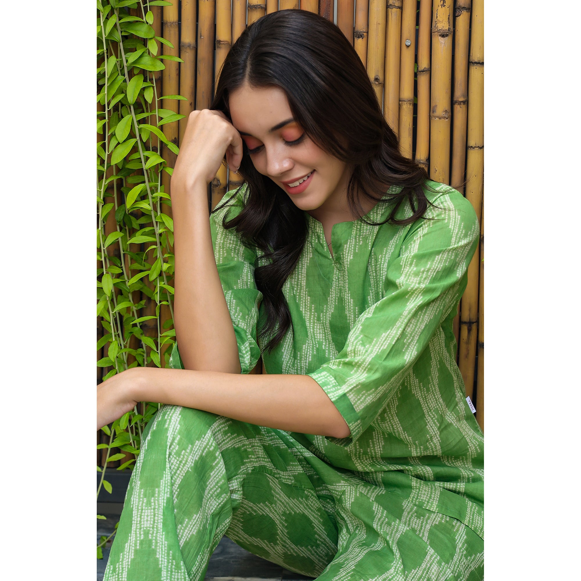 Handcrafted Shibori on Green Loungewear Top Set