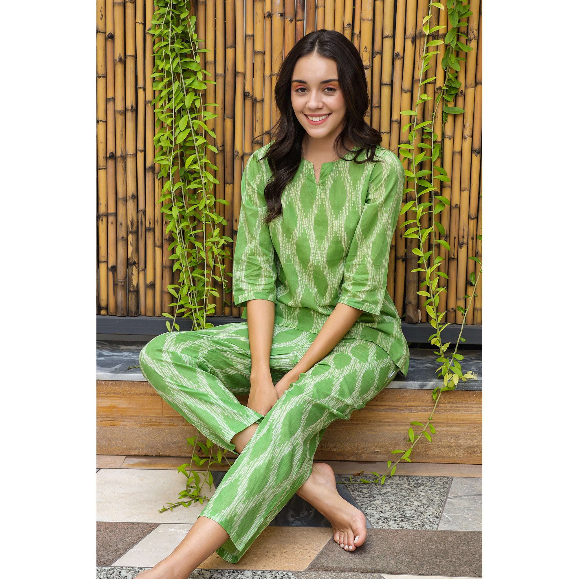 Handcrafted Shibori on Green Loungewear Top Set