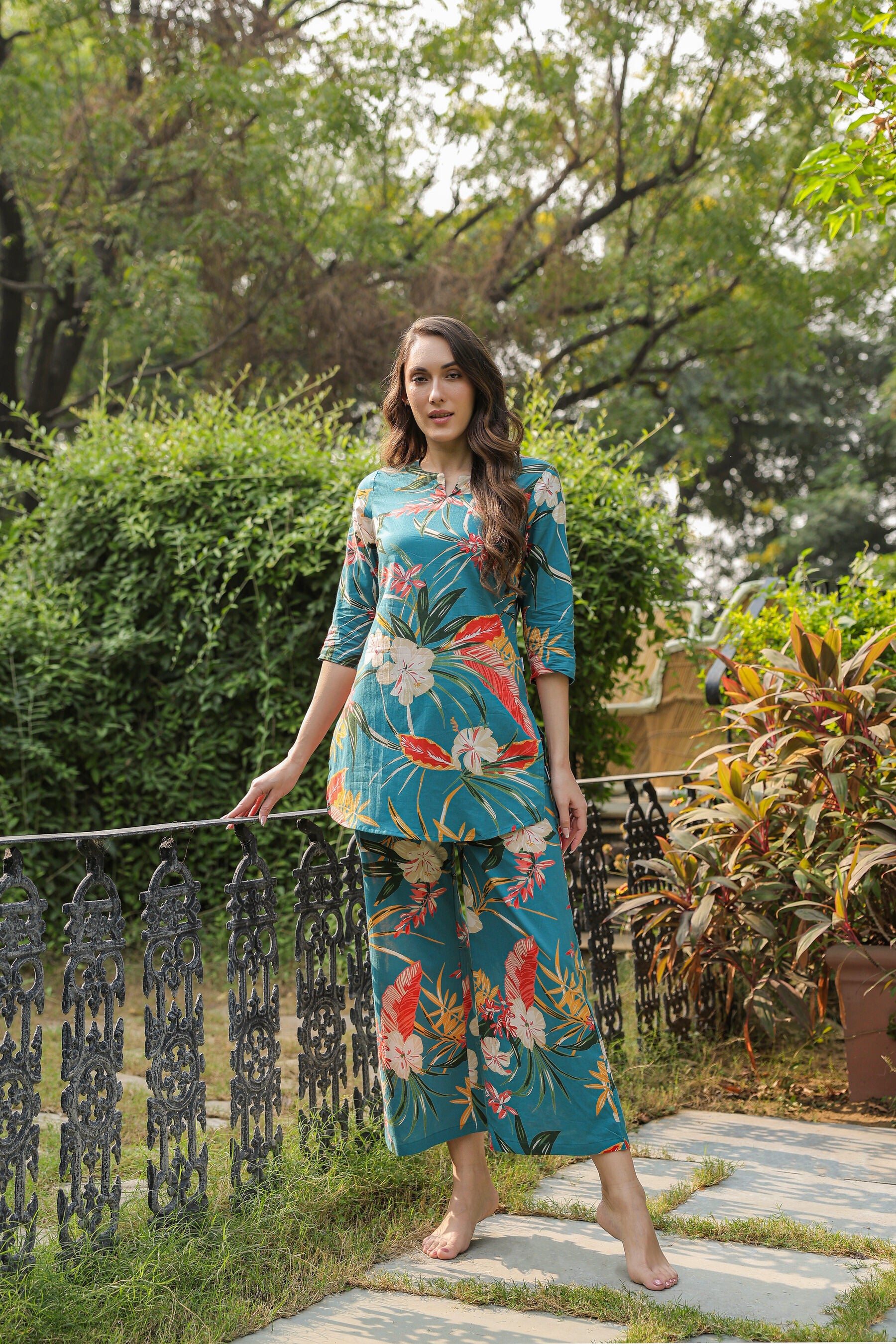 Teal Tranquility on Cotton Palazzo Loungewear Set