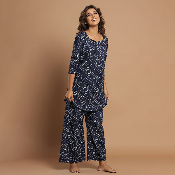 Patterned Bandhej On Blue Flowy Loungewear JISORA