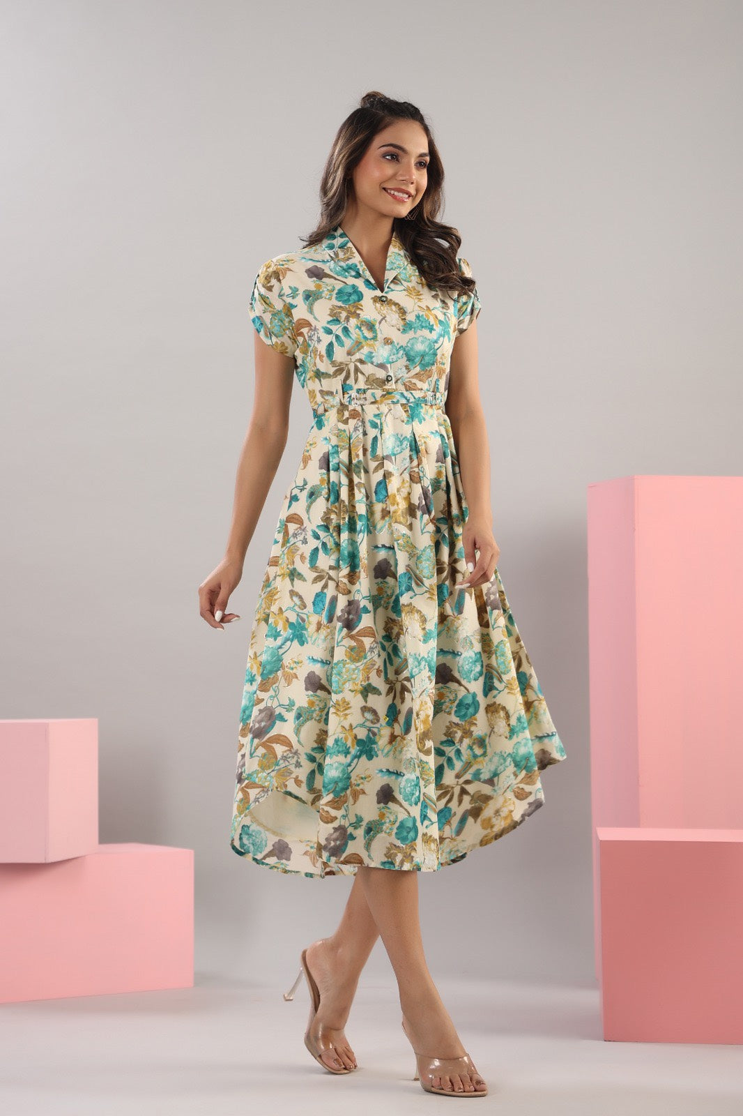 Flower Bouquet On Cotton Midi Dress