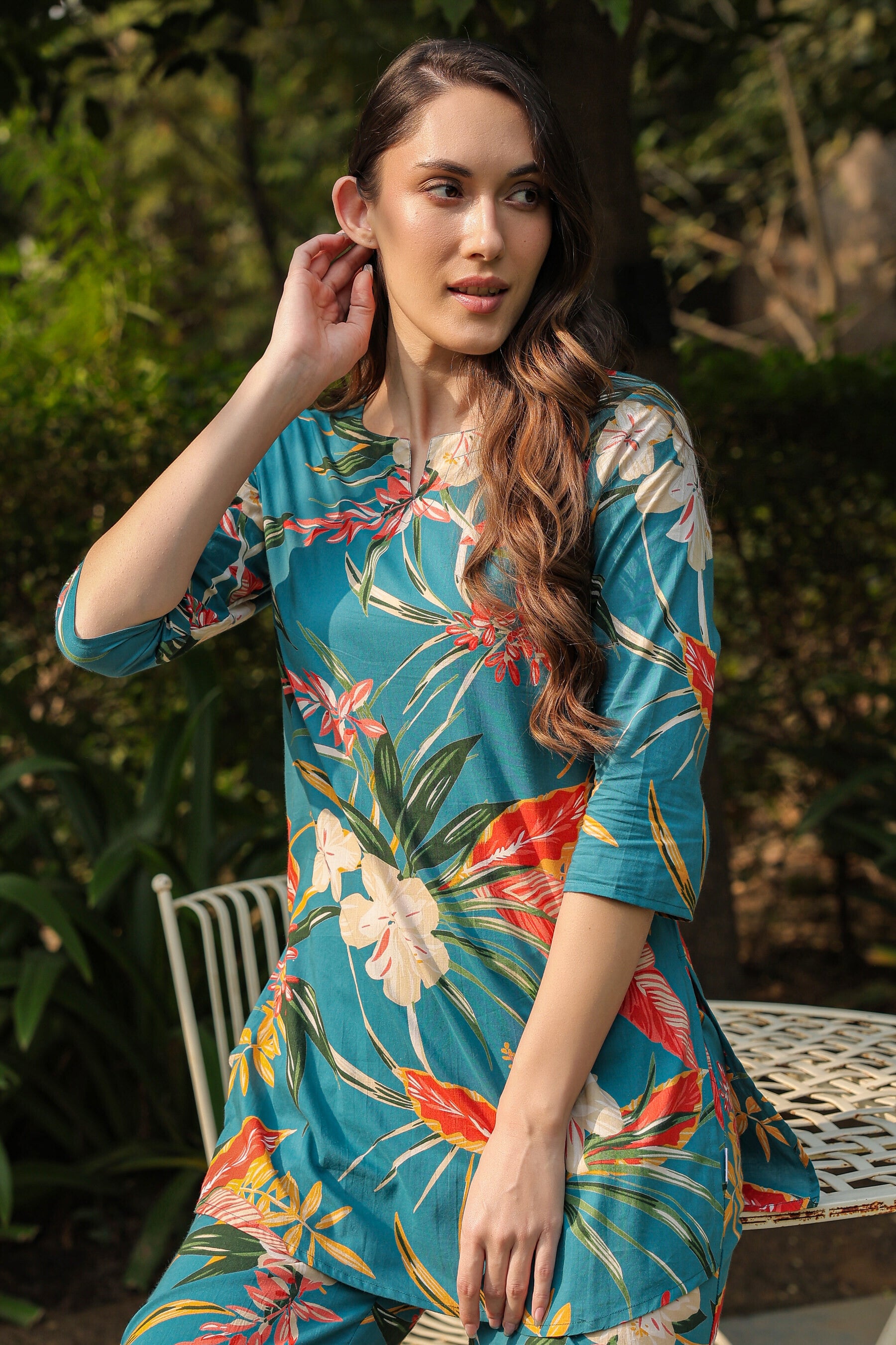 Teal Tranquility on Cotton Palazzo Loungewear Set