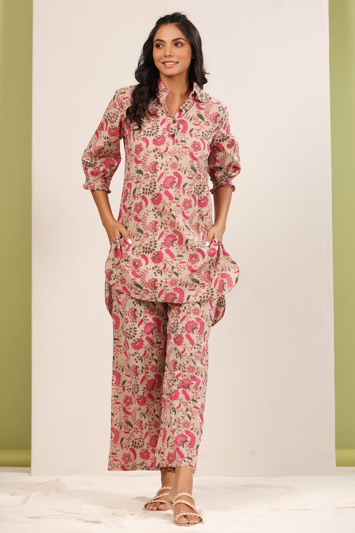Floral Jaal on Beige Cotton Palazzo Loungewear Set