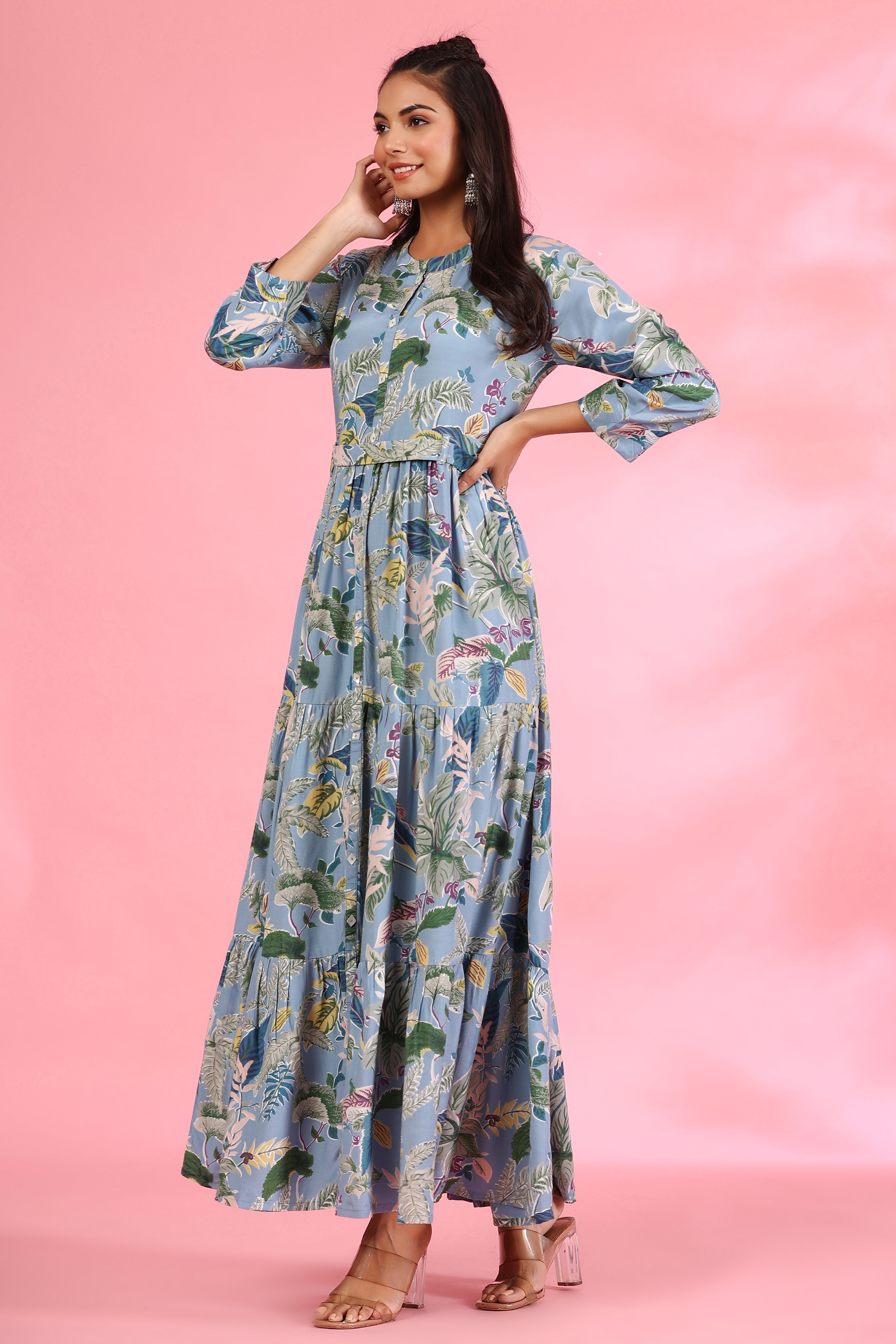 Light Blue Amber On Silk Maxi Dress