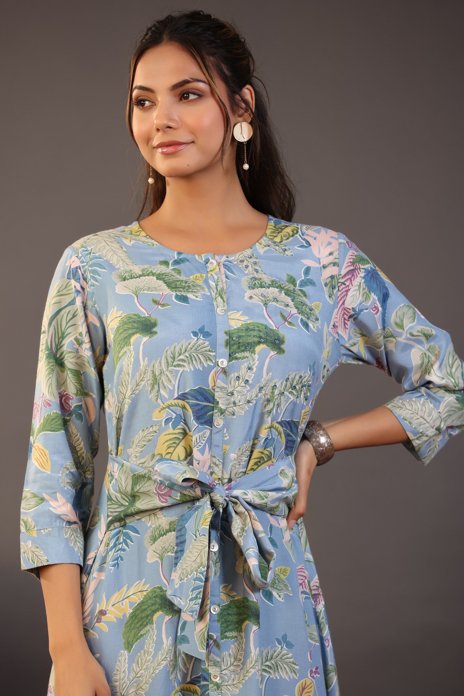 Palm Leaves on Light Blue MIDI Cotton Dress