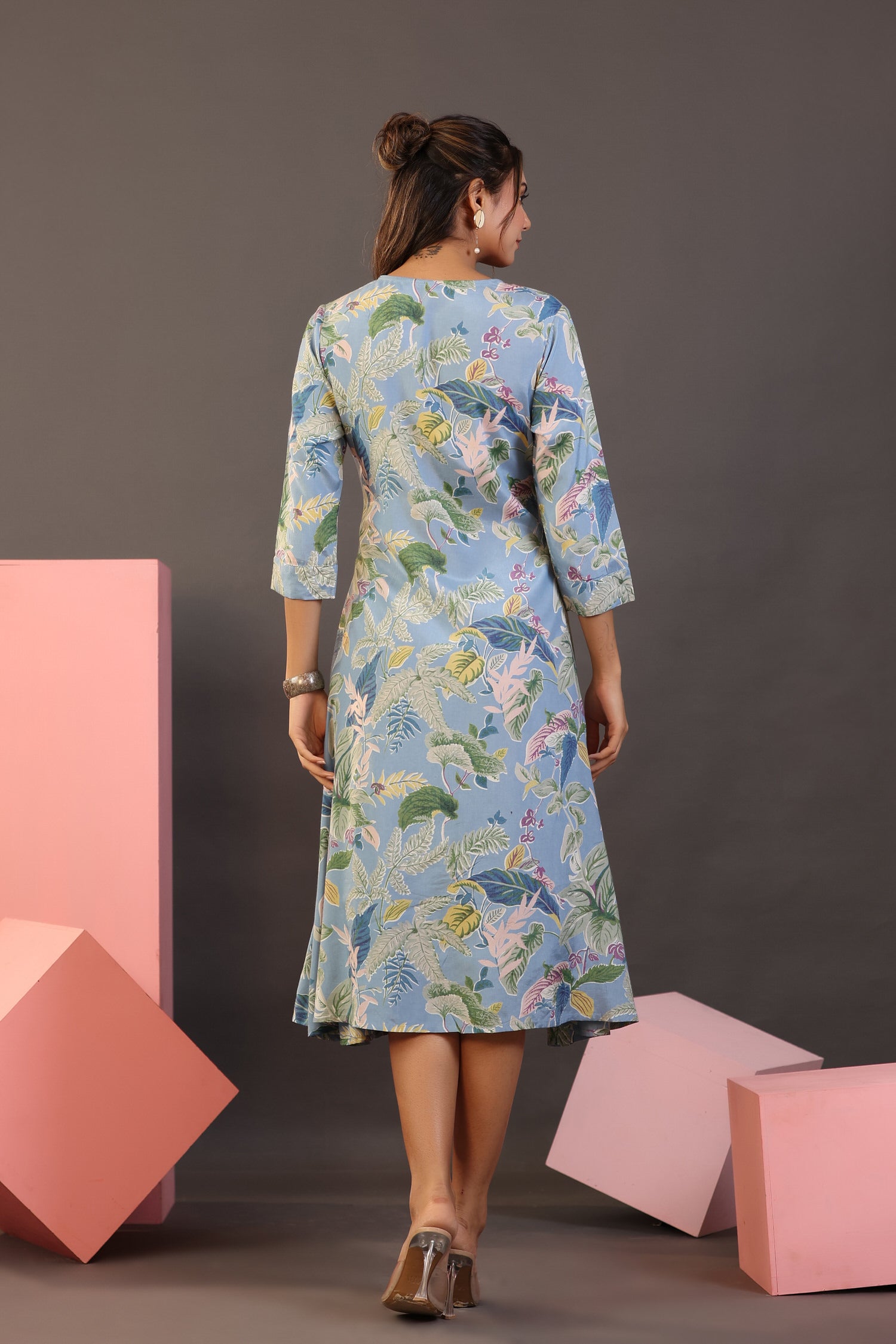 Palm Leaves on Light Blue MIDI Cotton Dress