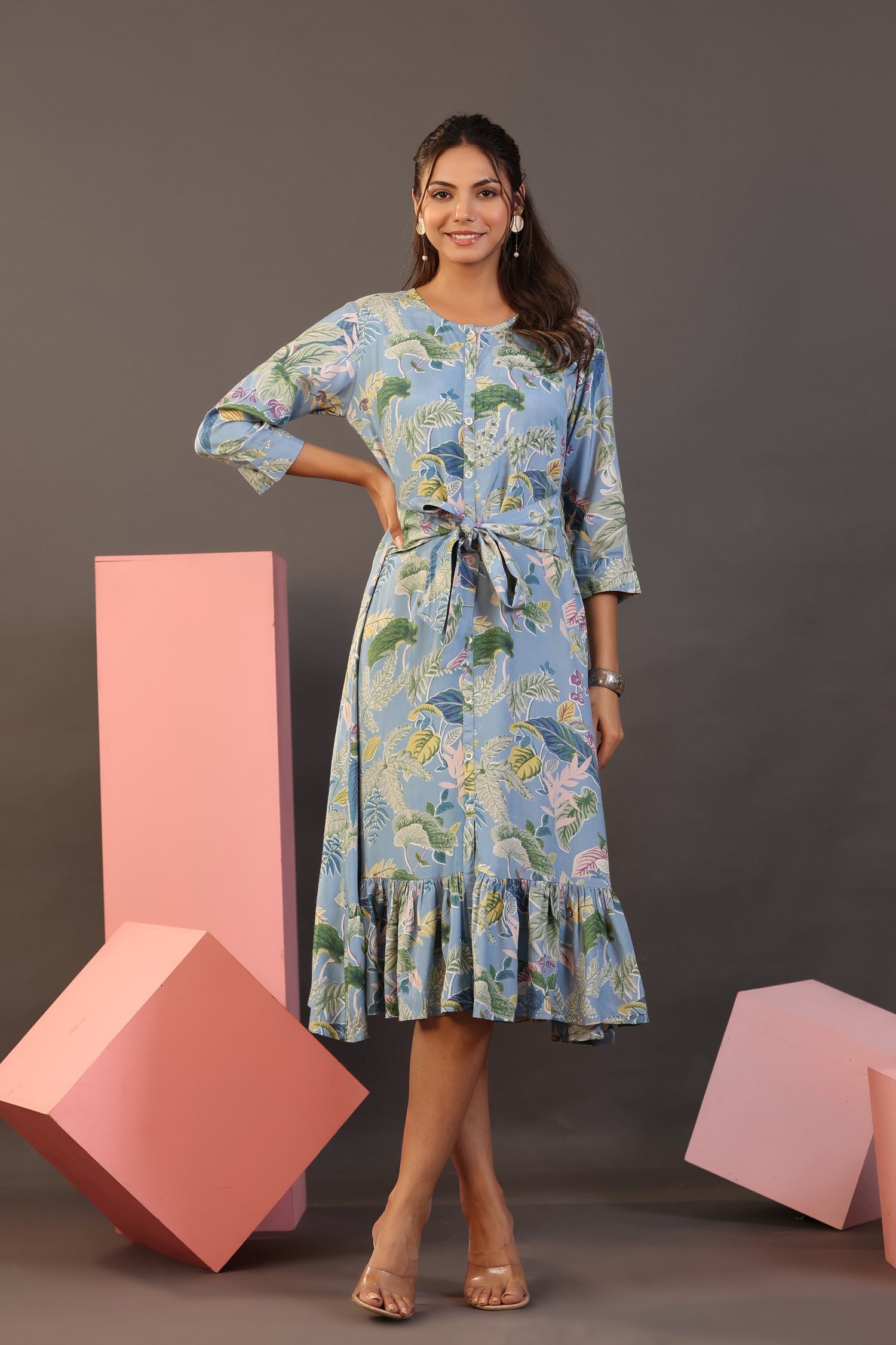 Palm Leaves on Light Blue MIDI Cotton Dress