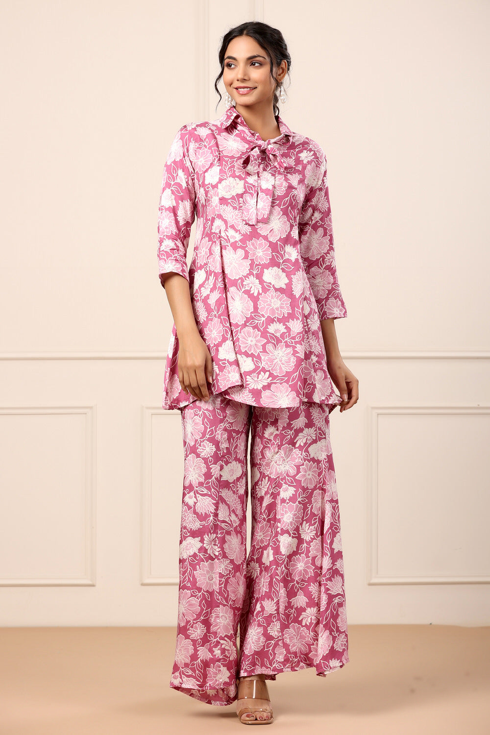 Floral Pink Muslin Silk Co-ord set
