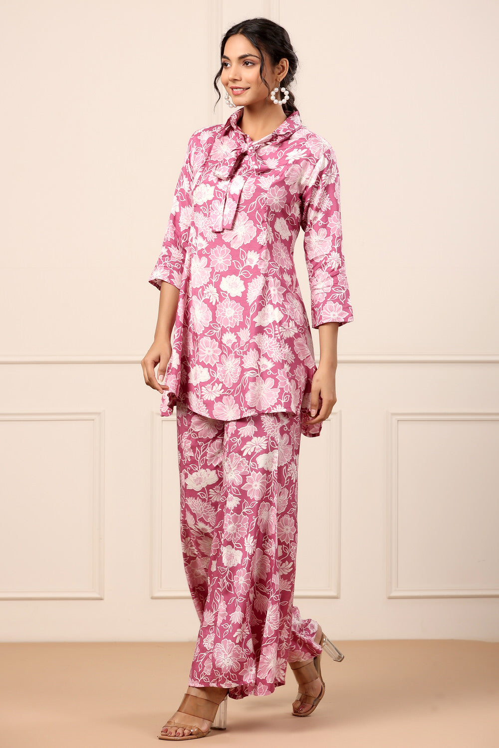 Floral Pink Muslin Silk Co-ord set