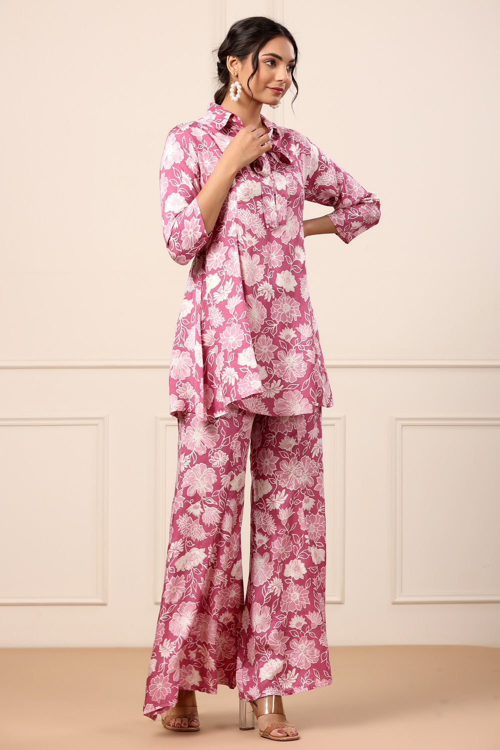 Floral Pink Muslin Silk Co-ord set