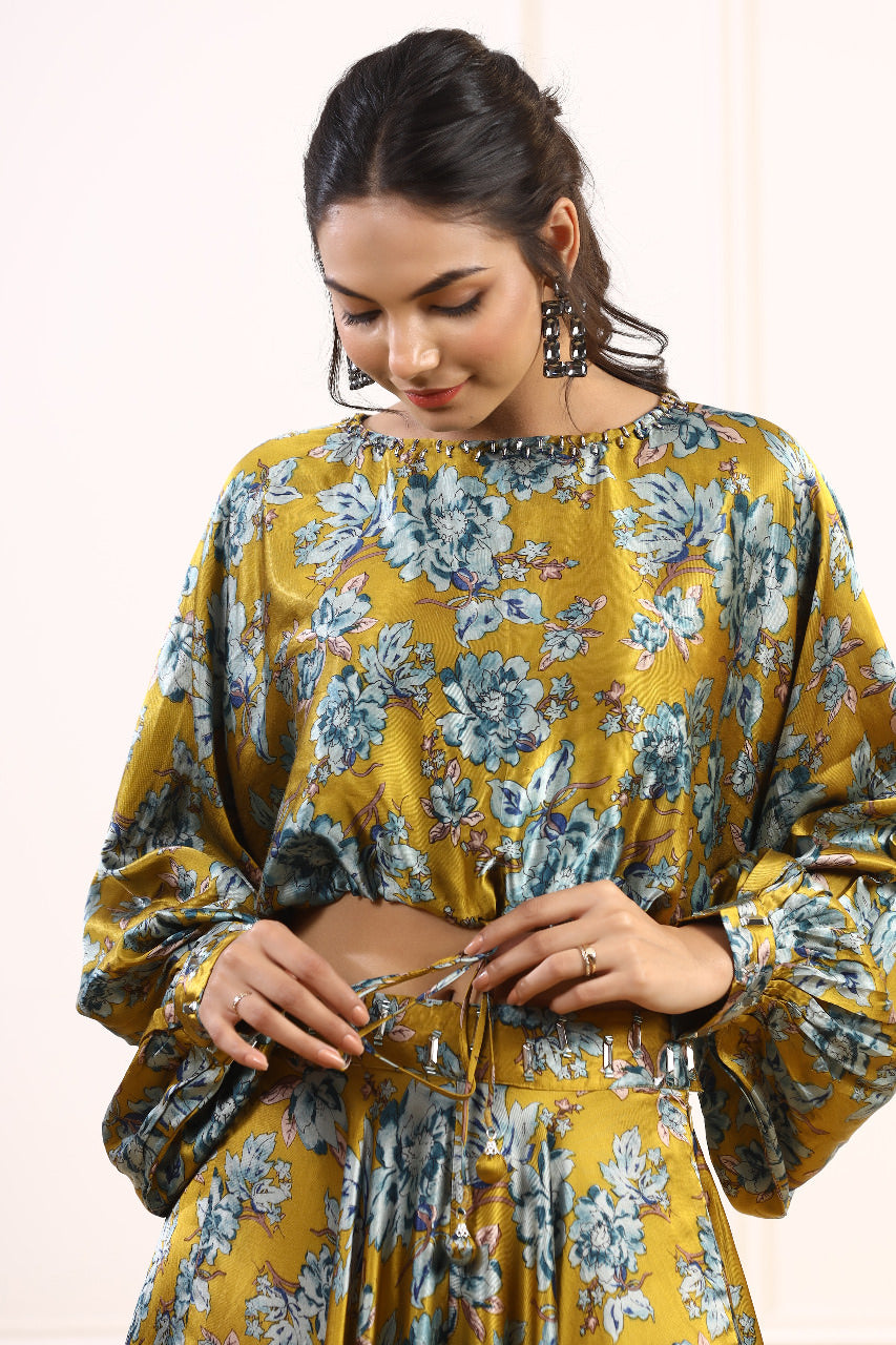 Golden Spice Blooms Satin Russian Silk Co-ord Set