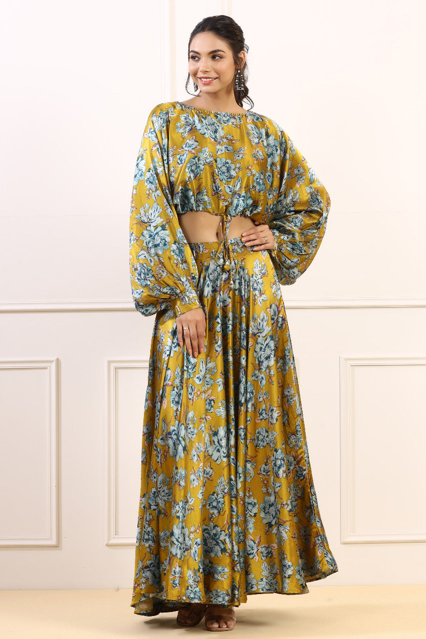 Golden Spice Blooms Satin Russian Silk Co-ord Set