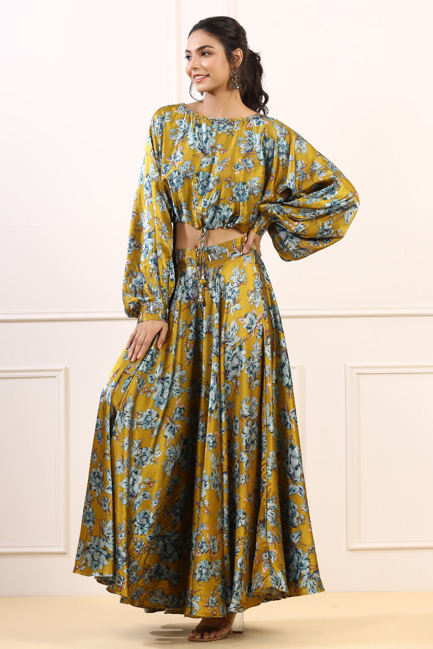 Golden Spice Blooms Satin Russian Silk Co-ord Set