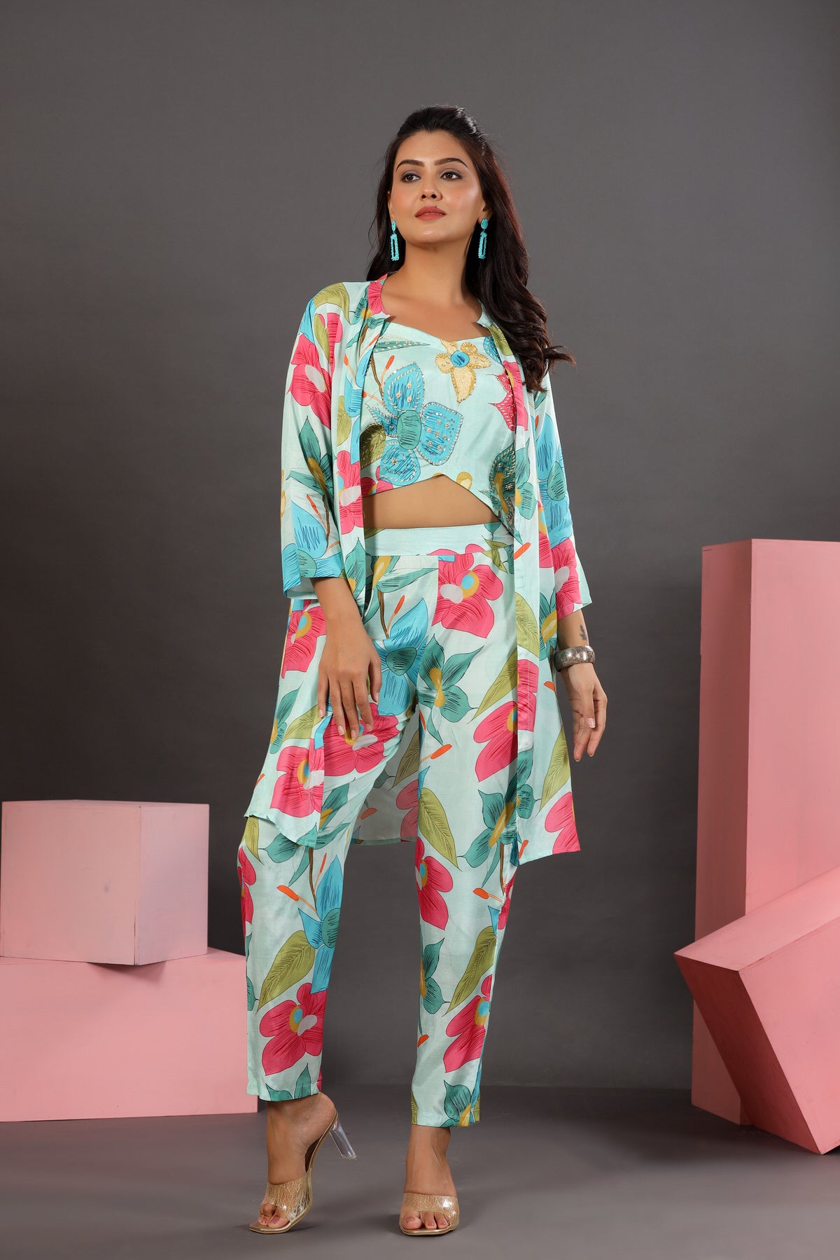 Floral Lagoon Three Piece Russian Silk Co-ord Set