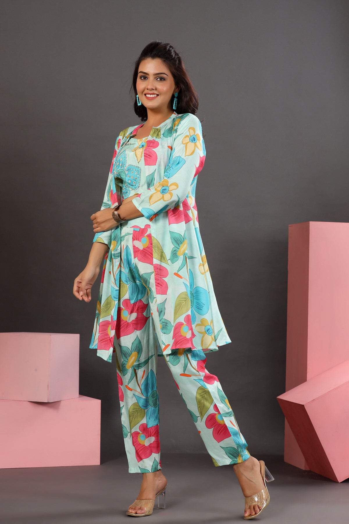 Floral Lagoon Three Piece Russian Silk Co-ord Set