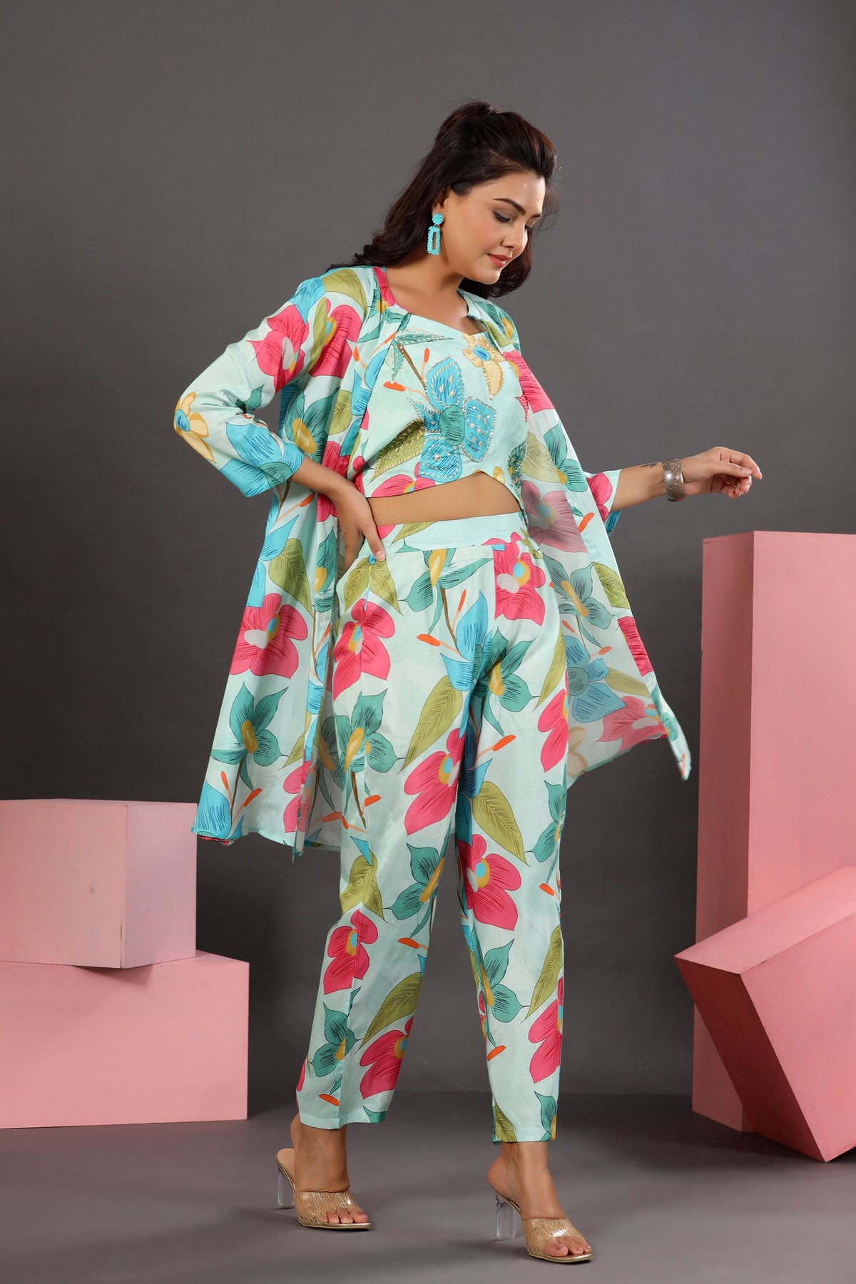 Floral Lagoon Three Piece Russian Silk Co-ord Set