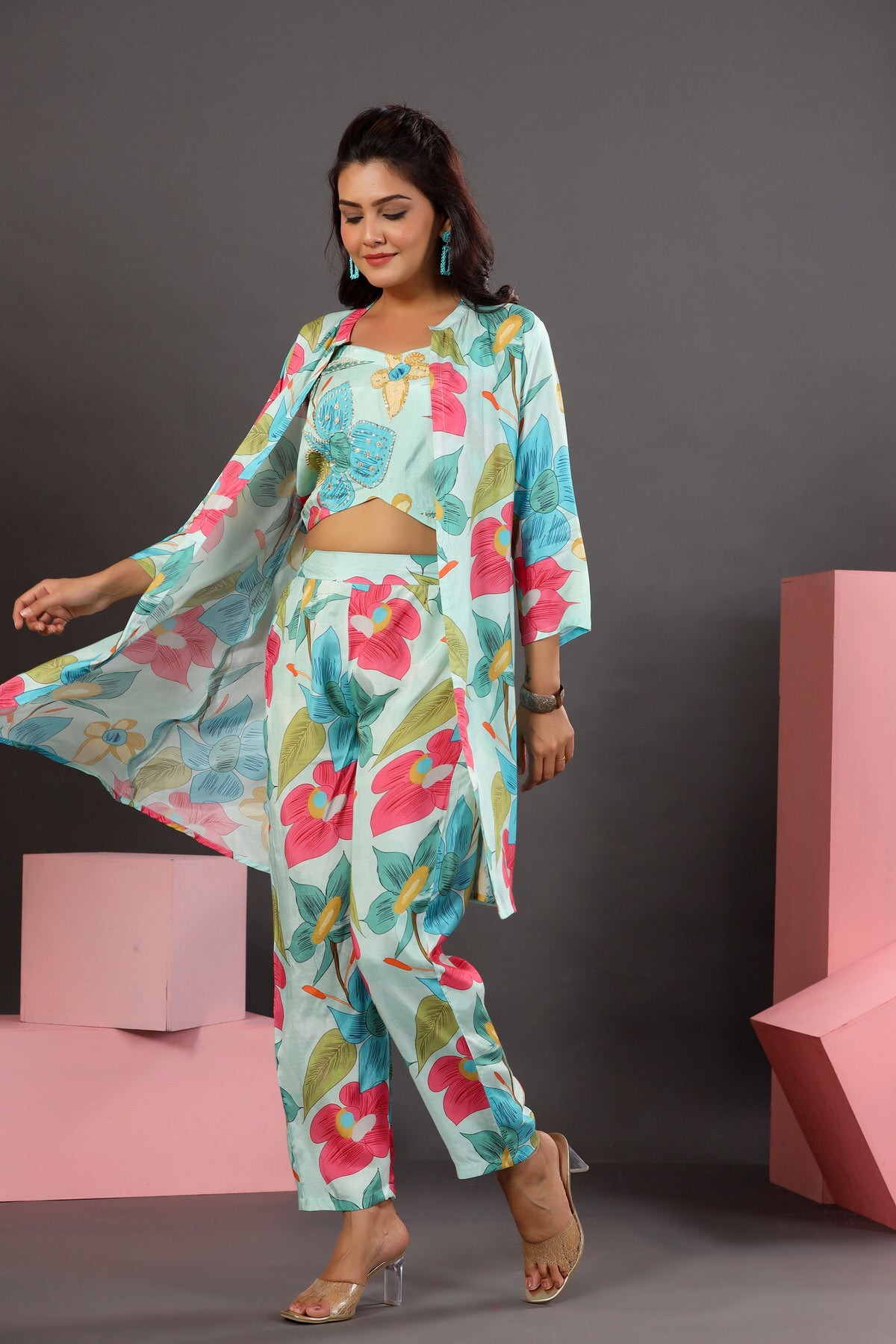 Floral Lagoon Three Piece Russian Silk Co-ord Set