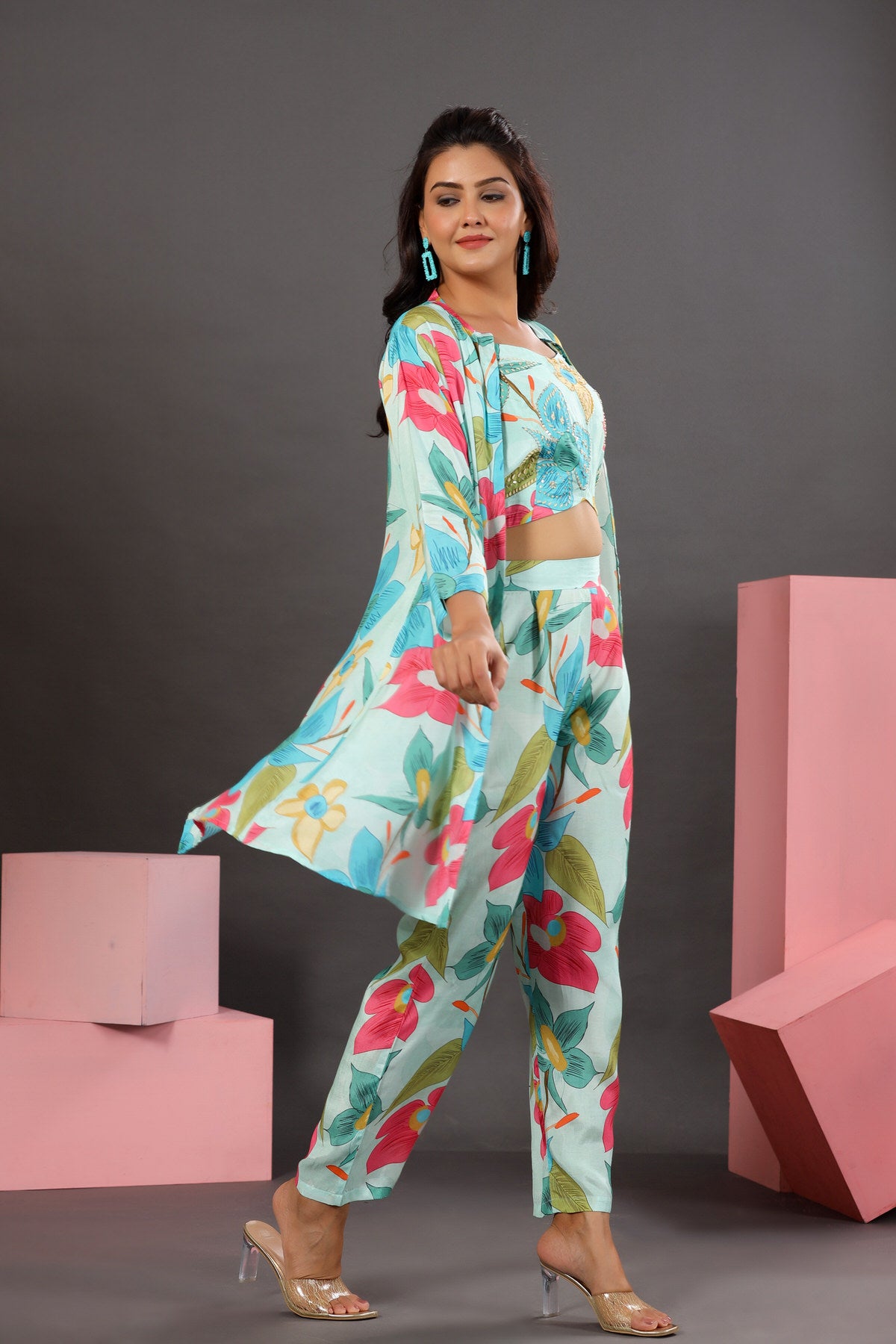 Floral Lagoon Three Piece Russian Silk Co-ord Set