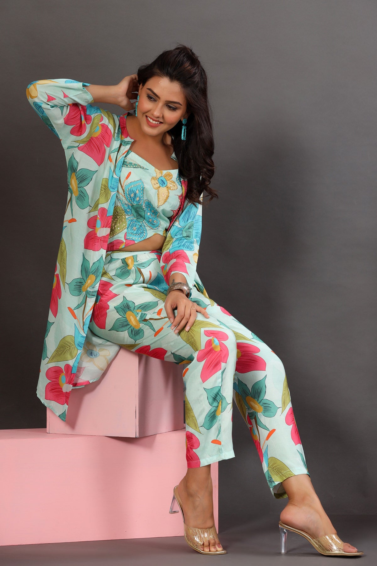 Floral Lagoon Three Piece Russian Silk Co-ord Set