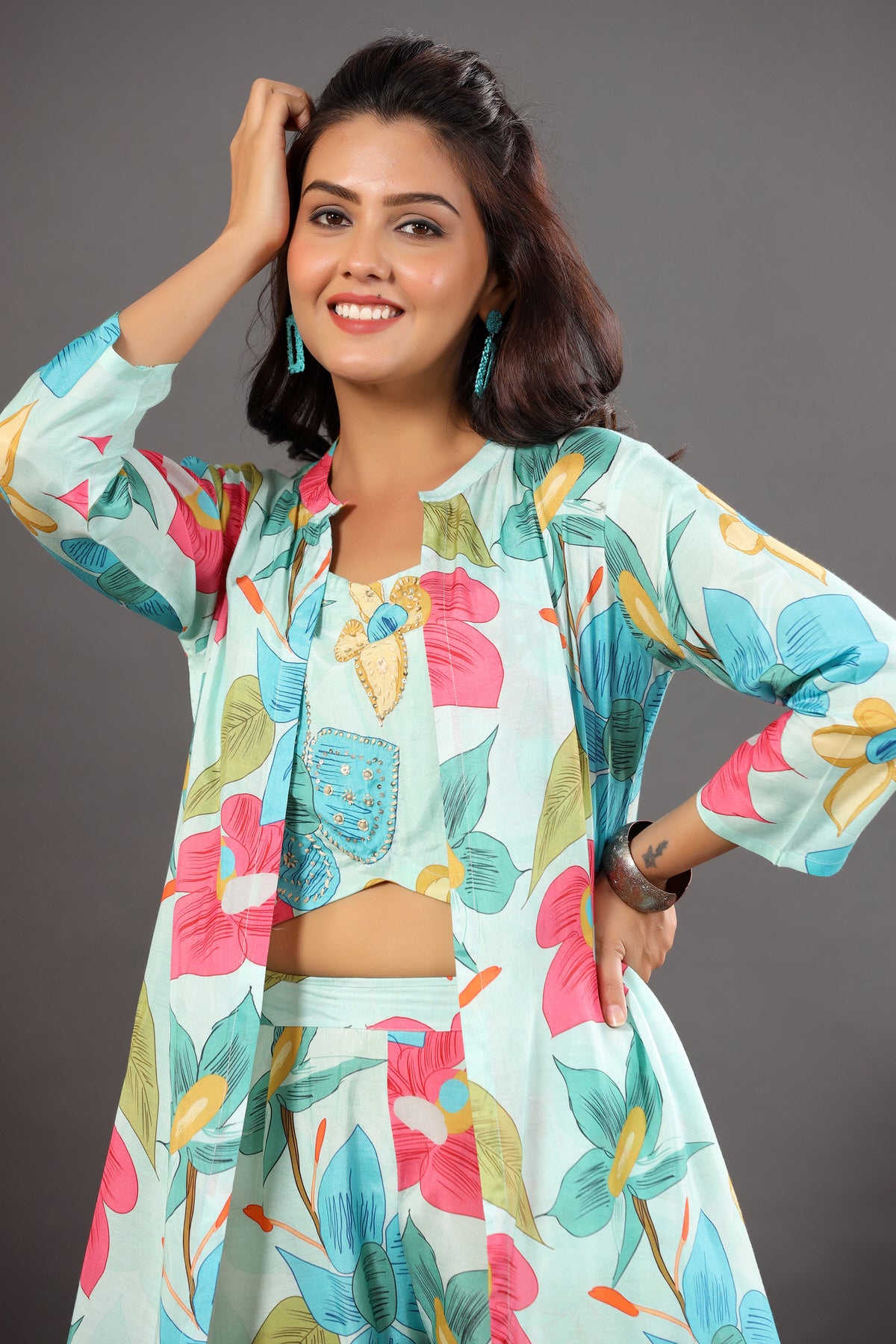 Floral Lagoon Three Piece Russian Silk Co-ord Set