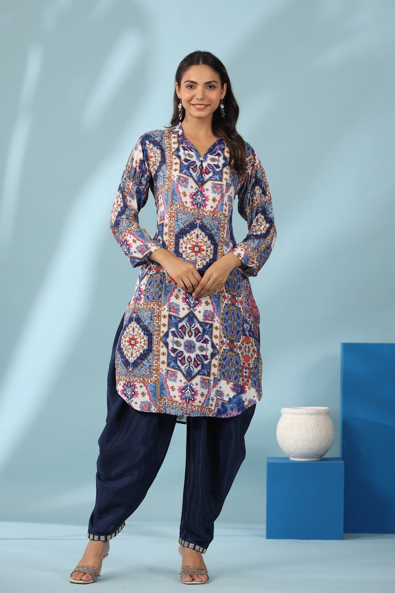 Bloom Craft With Solid Dhoti Pants Russian Silk Co-ord Set