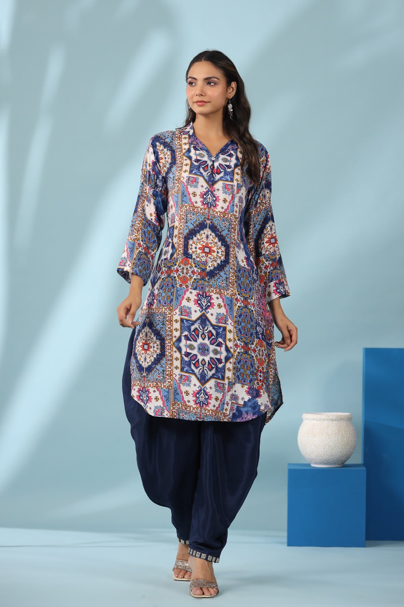 Bloom Craft With Solid Dhoti Pants Russian Silk Co-ord Set