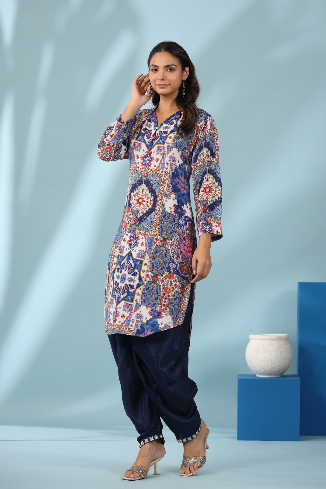 Bloom Craft With Solid Dhoti Pants Russian Silk Co-ord Set