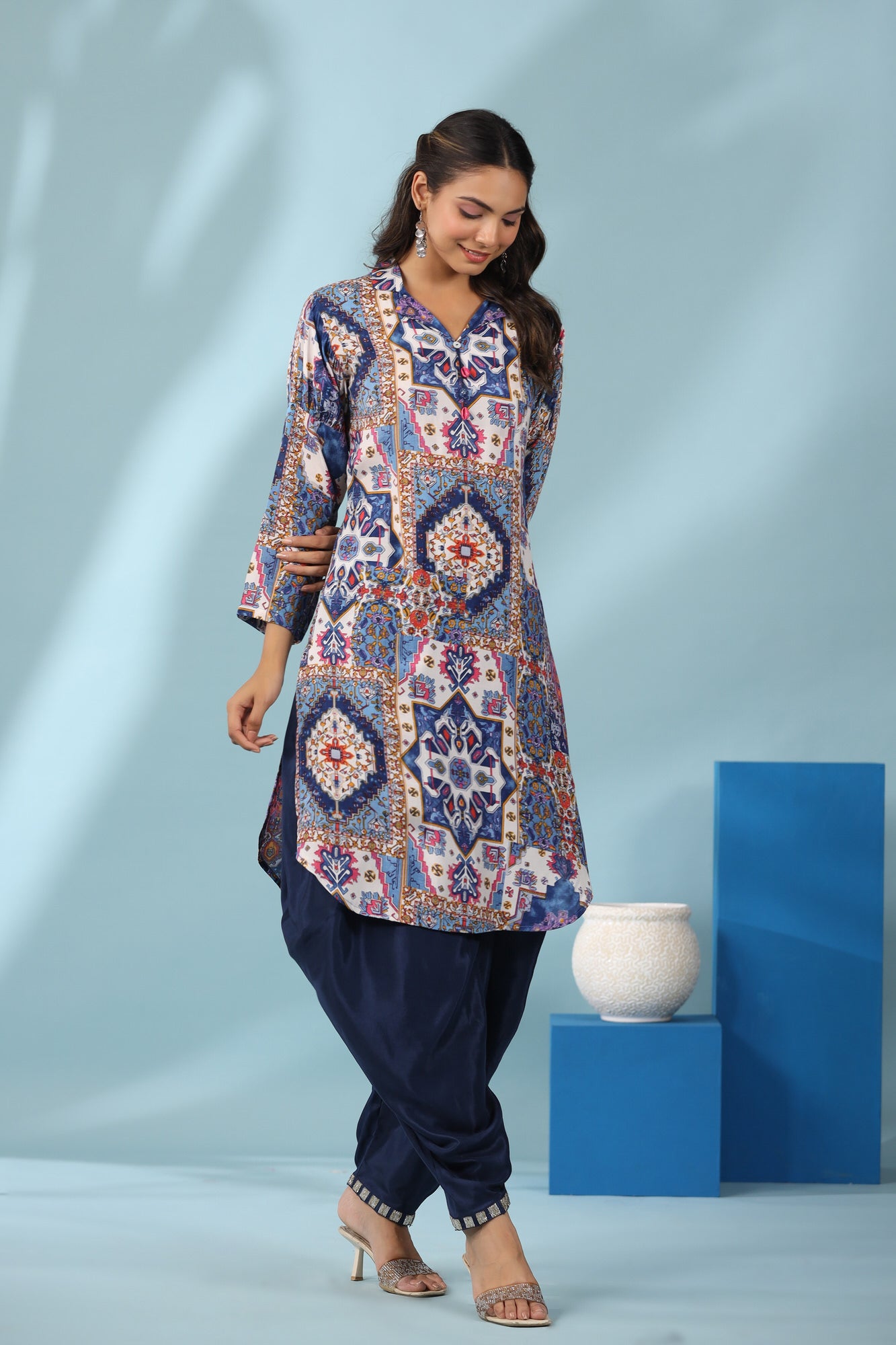 Bloom Craft With Solid Dhoti Pants Russian Silk Co-ord Set