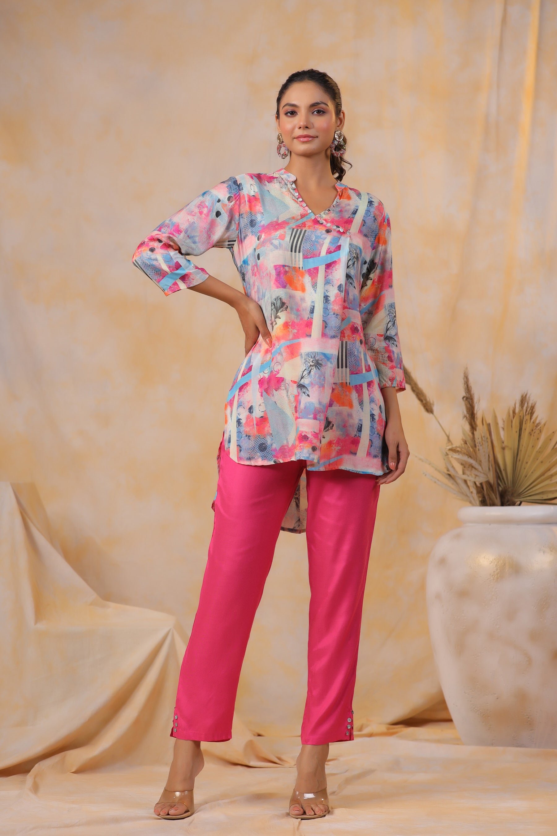 Pink Tropical Eda Muslin Silk Co-ord Set