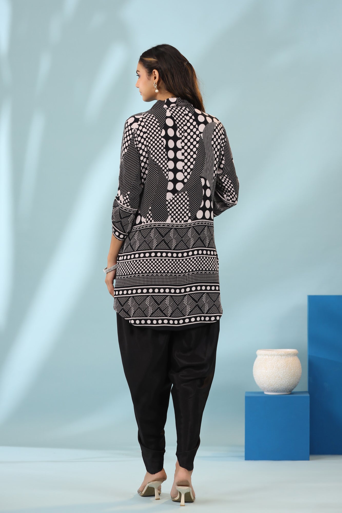 Plaid And Polka With Solid  Dhoti Pants Russian Silk Co-ord Set