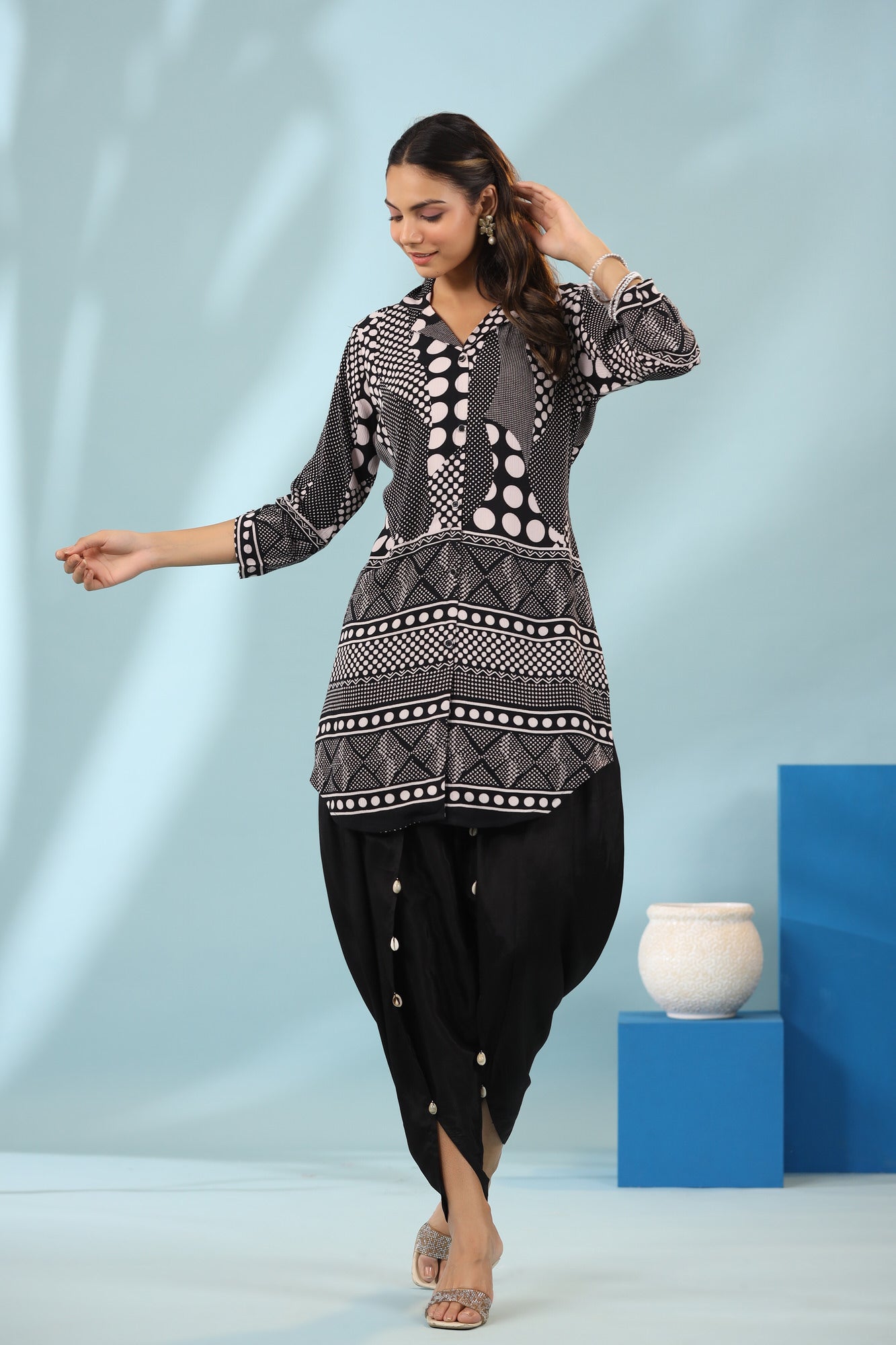 Plaid And Polka With Solid  Dhoti Pants Russian Silk Co-ord Set