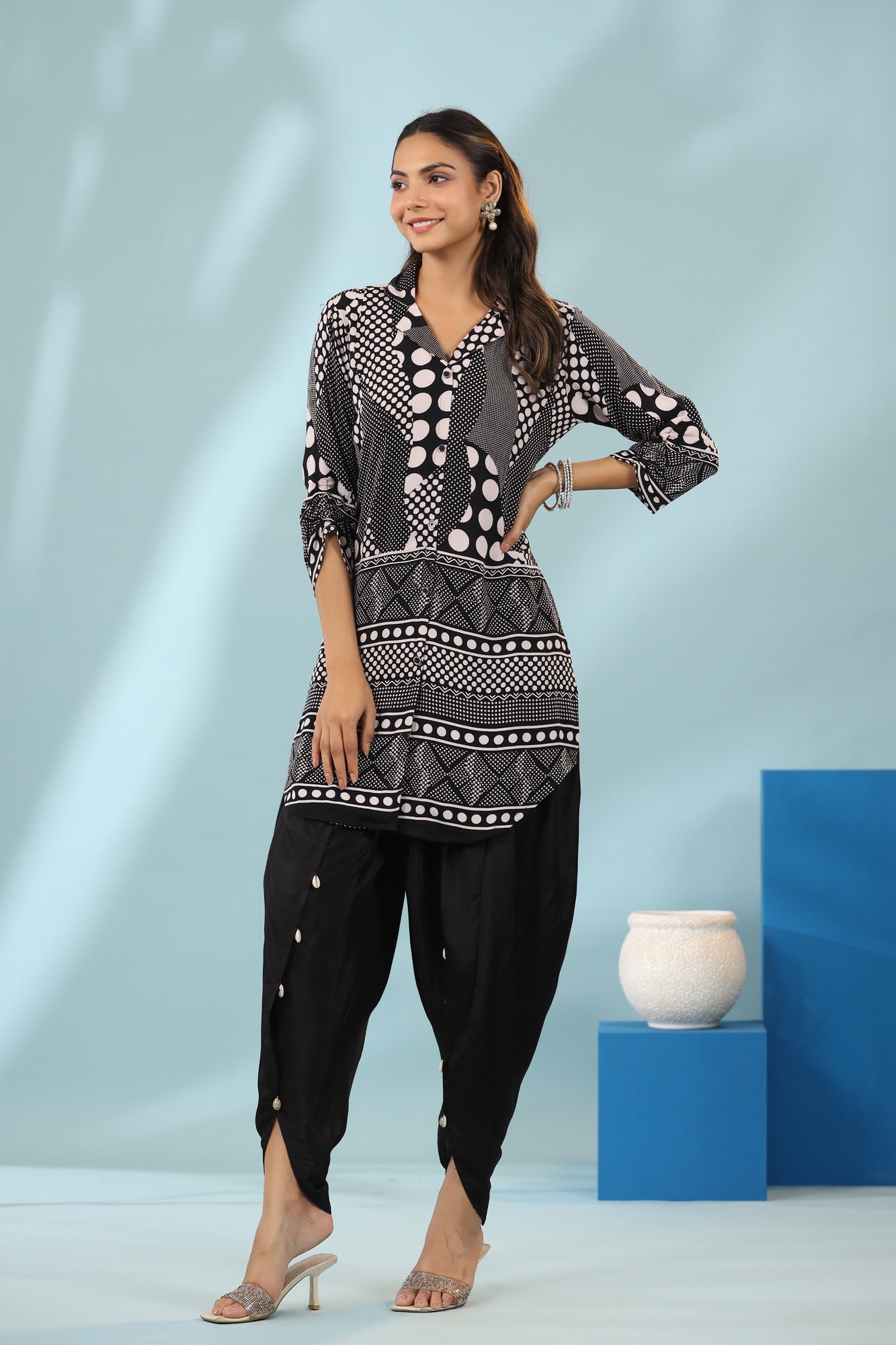 Plaid And Polka With Solid  Dhoti Pants Russian Silk Co-ord Set