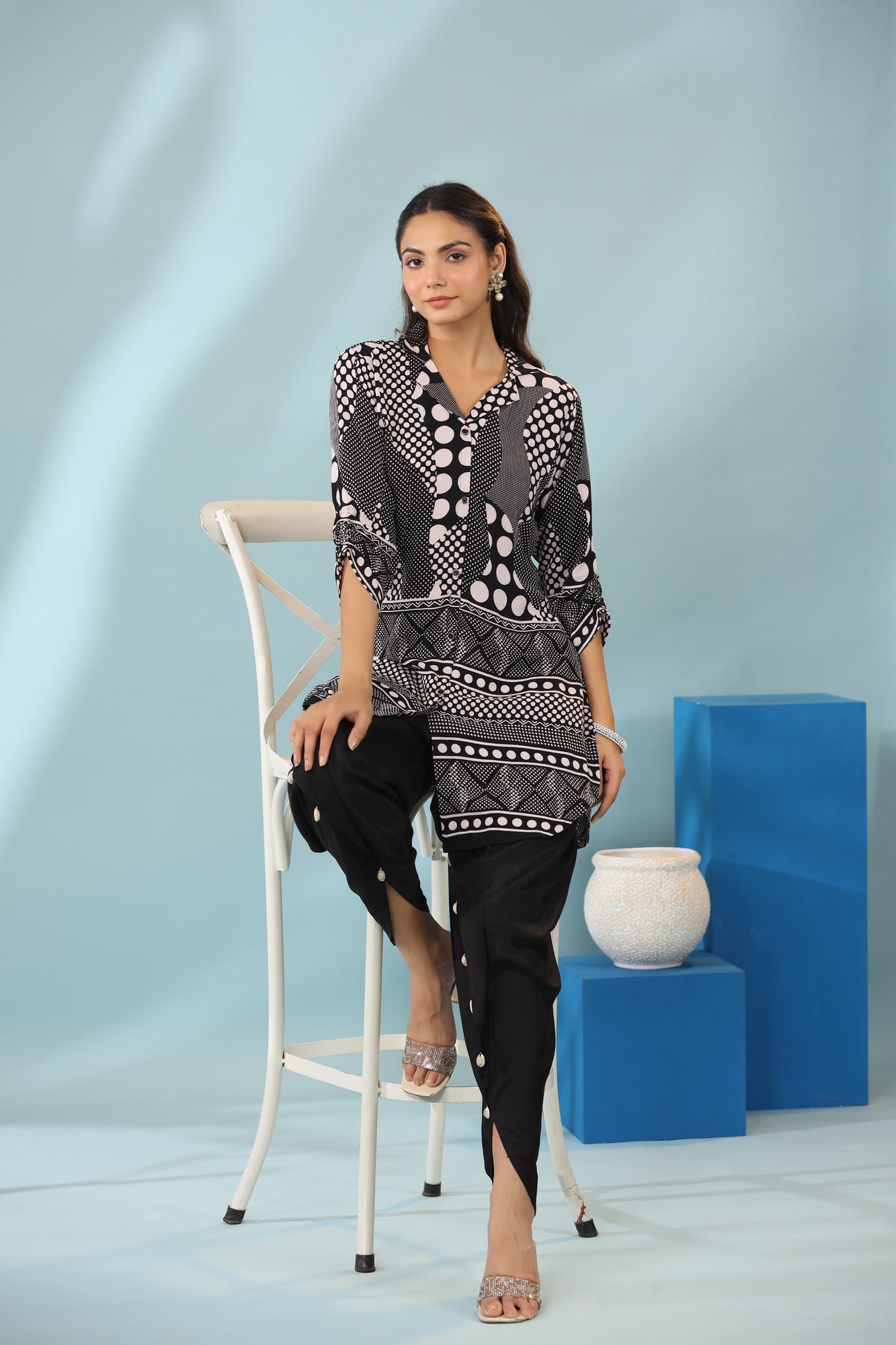 Plaid And Polka With Solid  Dhoti Pants Russian Silk Co-ord Set