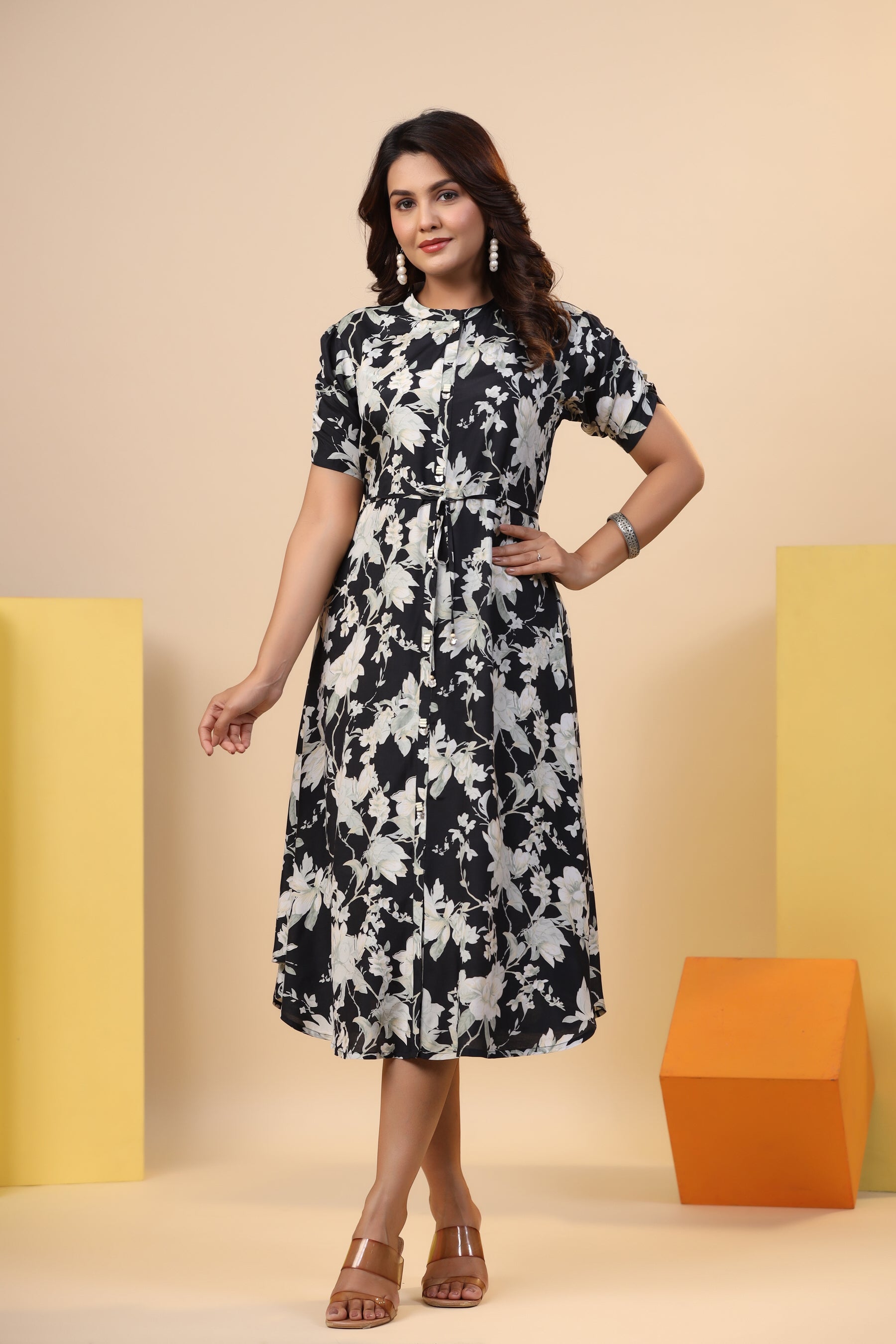 Black Floral Print on Silk Midi Dress