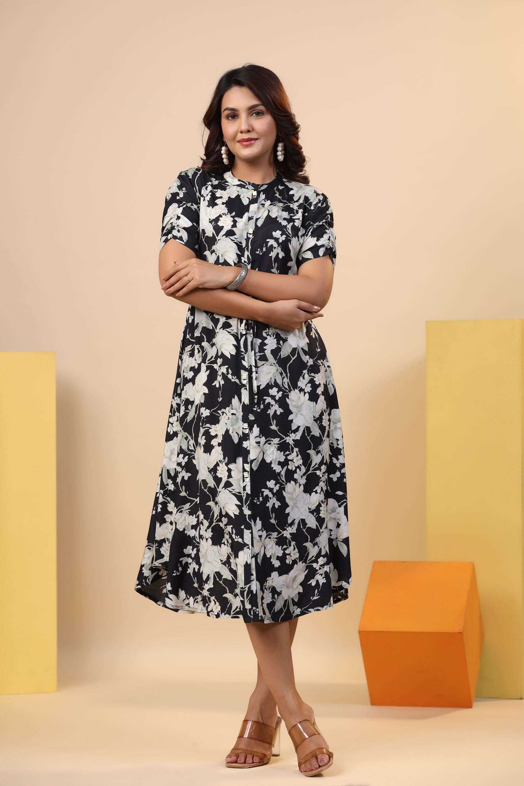 Black Floral Print on Silk Midi Dress