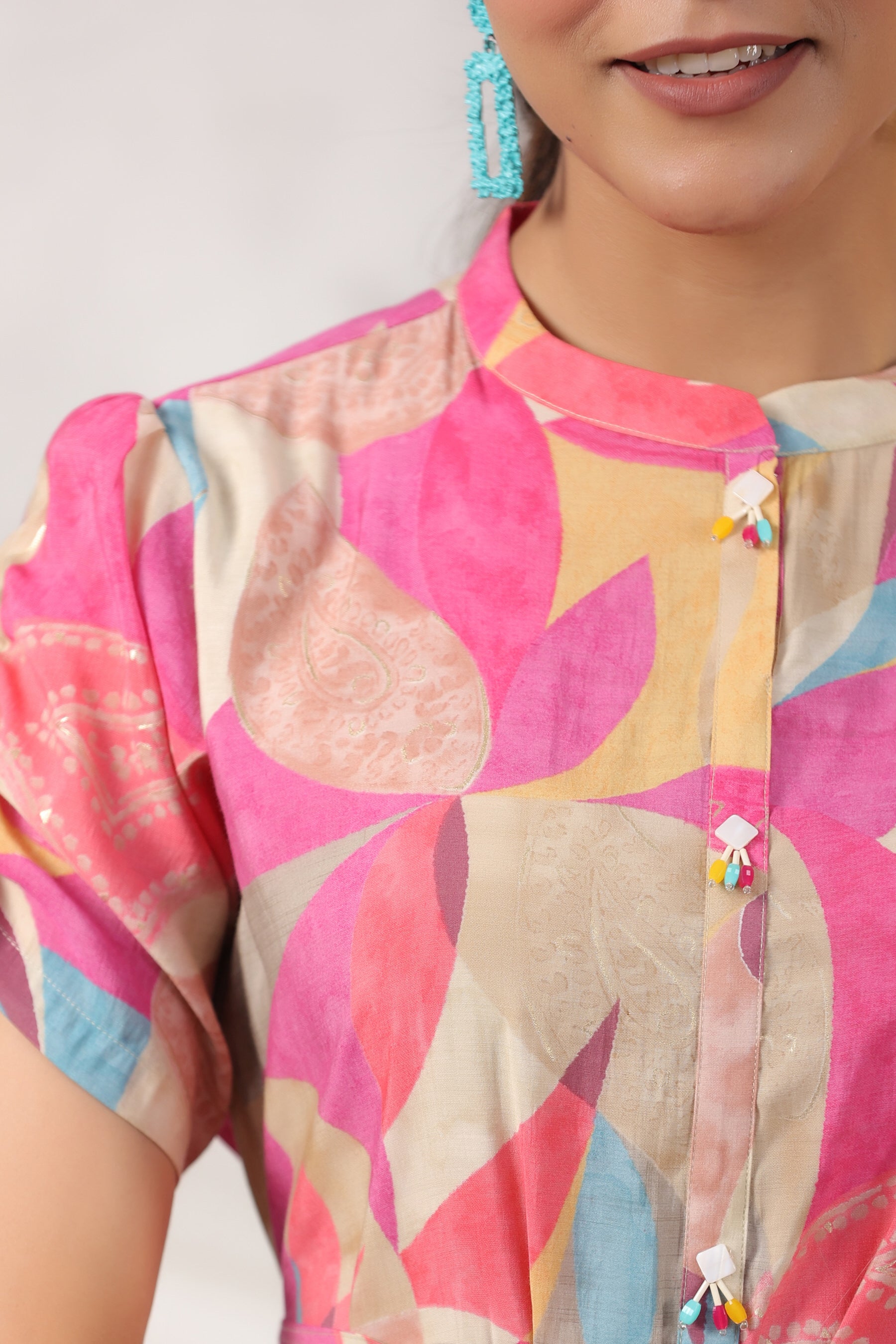 Pink Abstract Art on Midi Russian Silk Dress