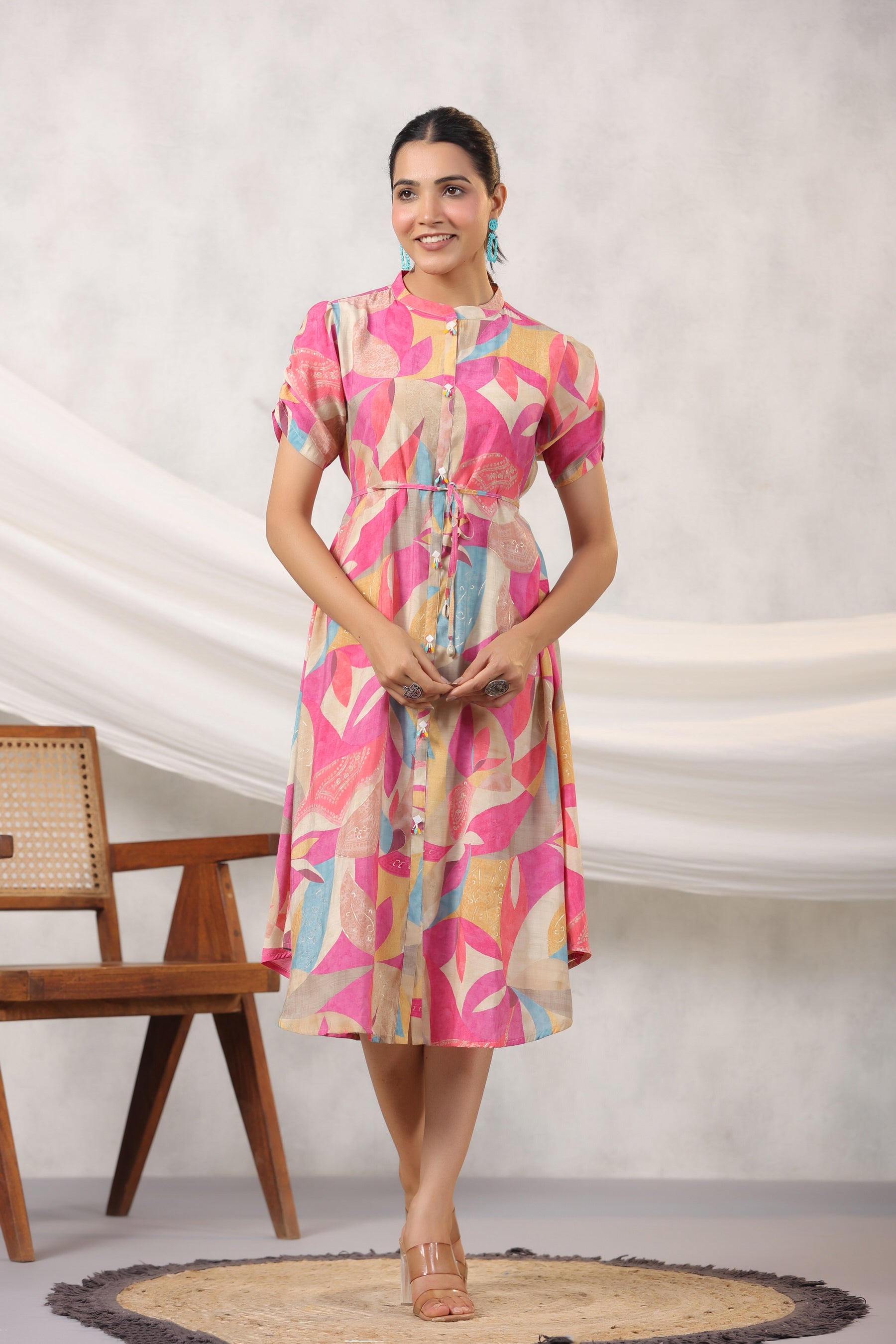 Pink Abstract Art on Midi Russian Silk Dress