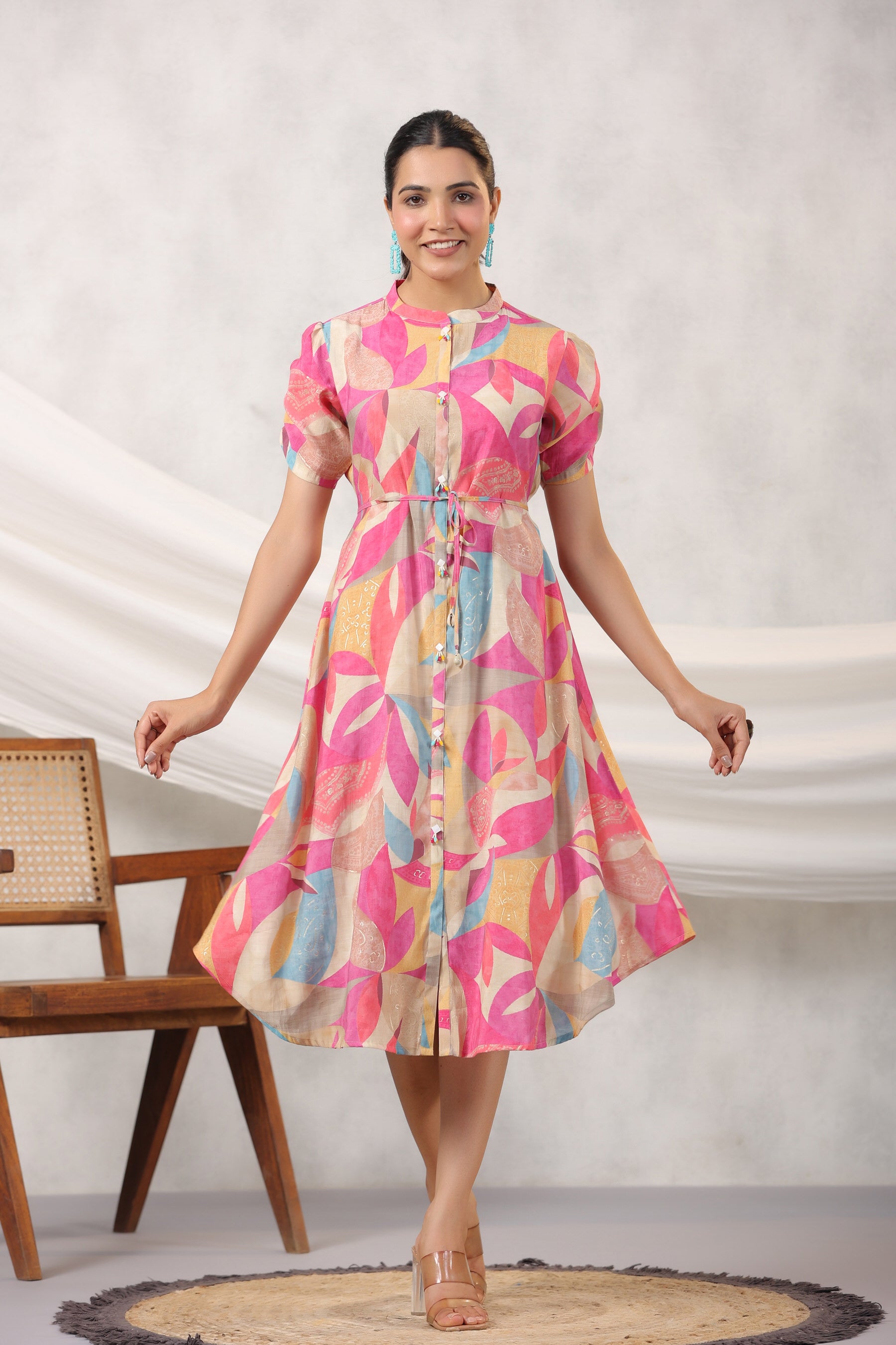 Pink Abstract Art on Midi Russian Silk Dress