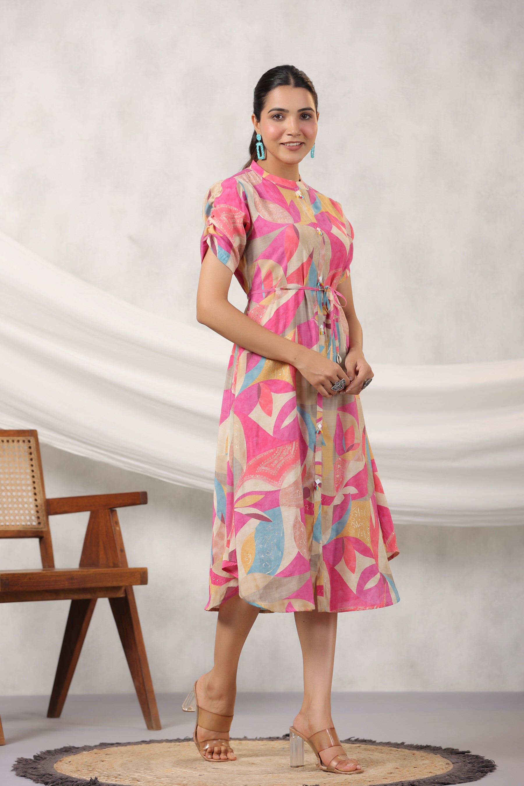 Pink Abstract Art on Midi Russian Silk Dress