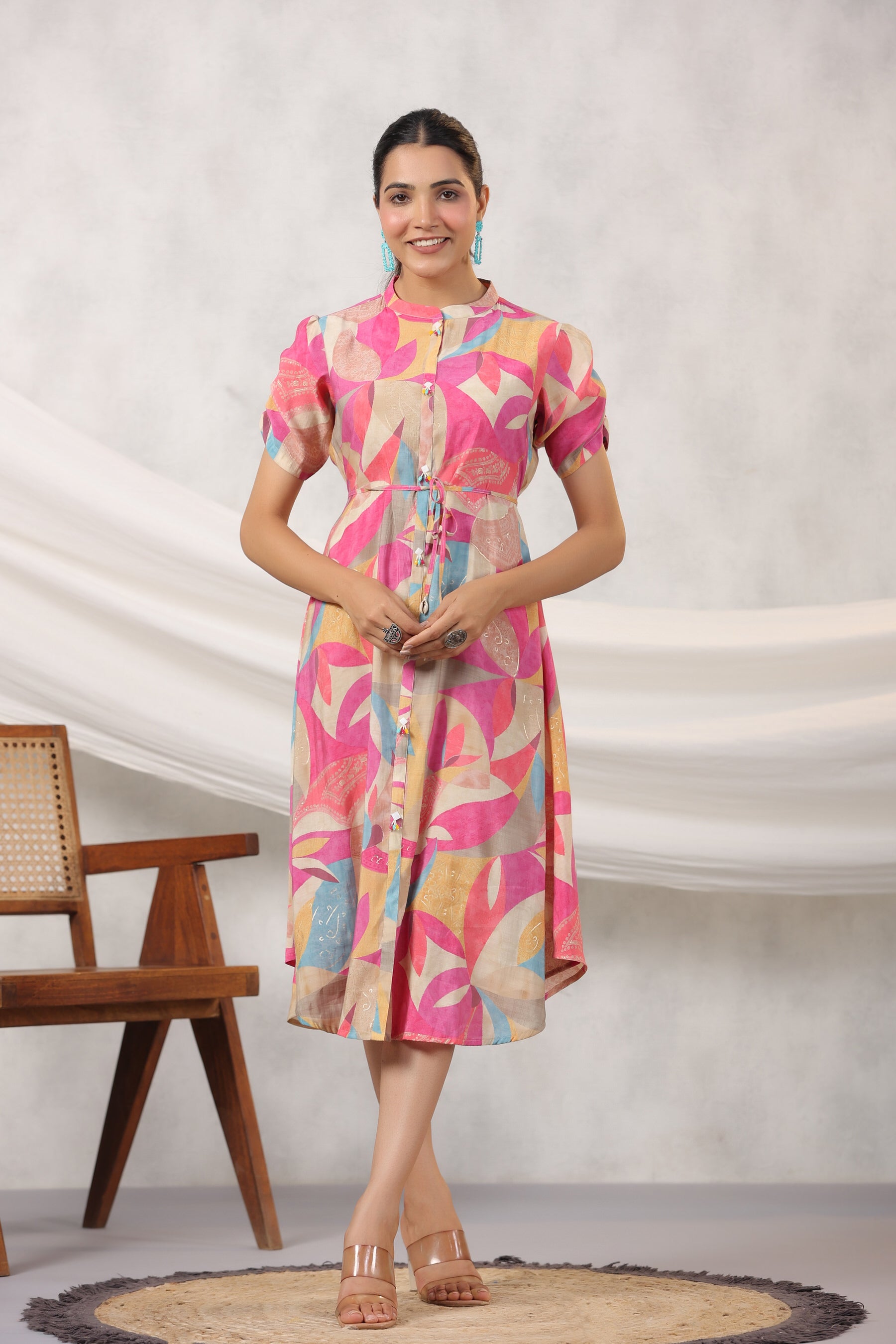 Pink Abstract Art on Midi Russian Silk Dress