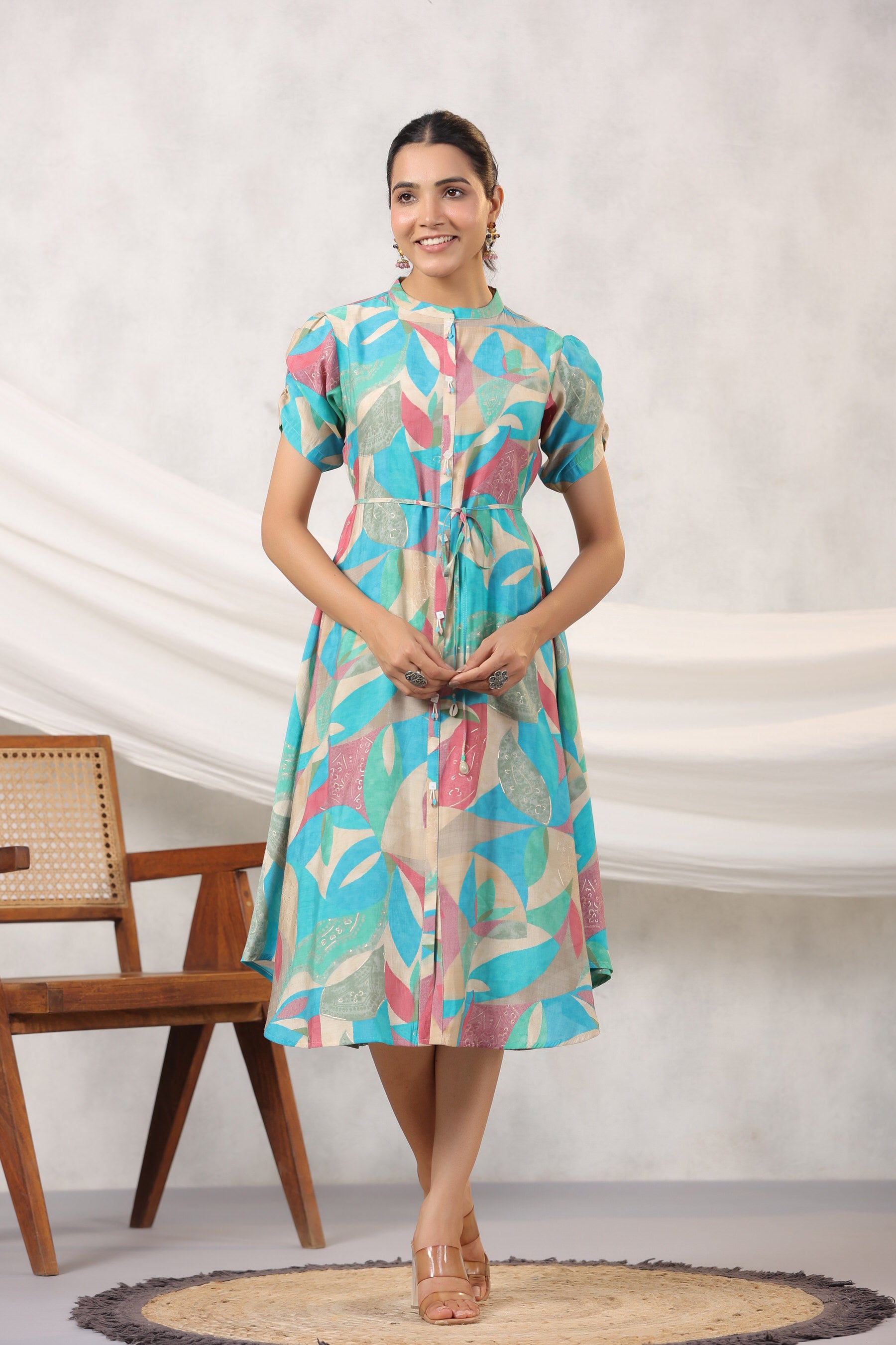 Blue Abstract Art on Russian Silk Midi Silk Dress