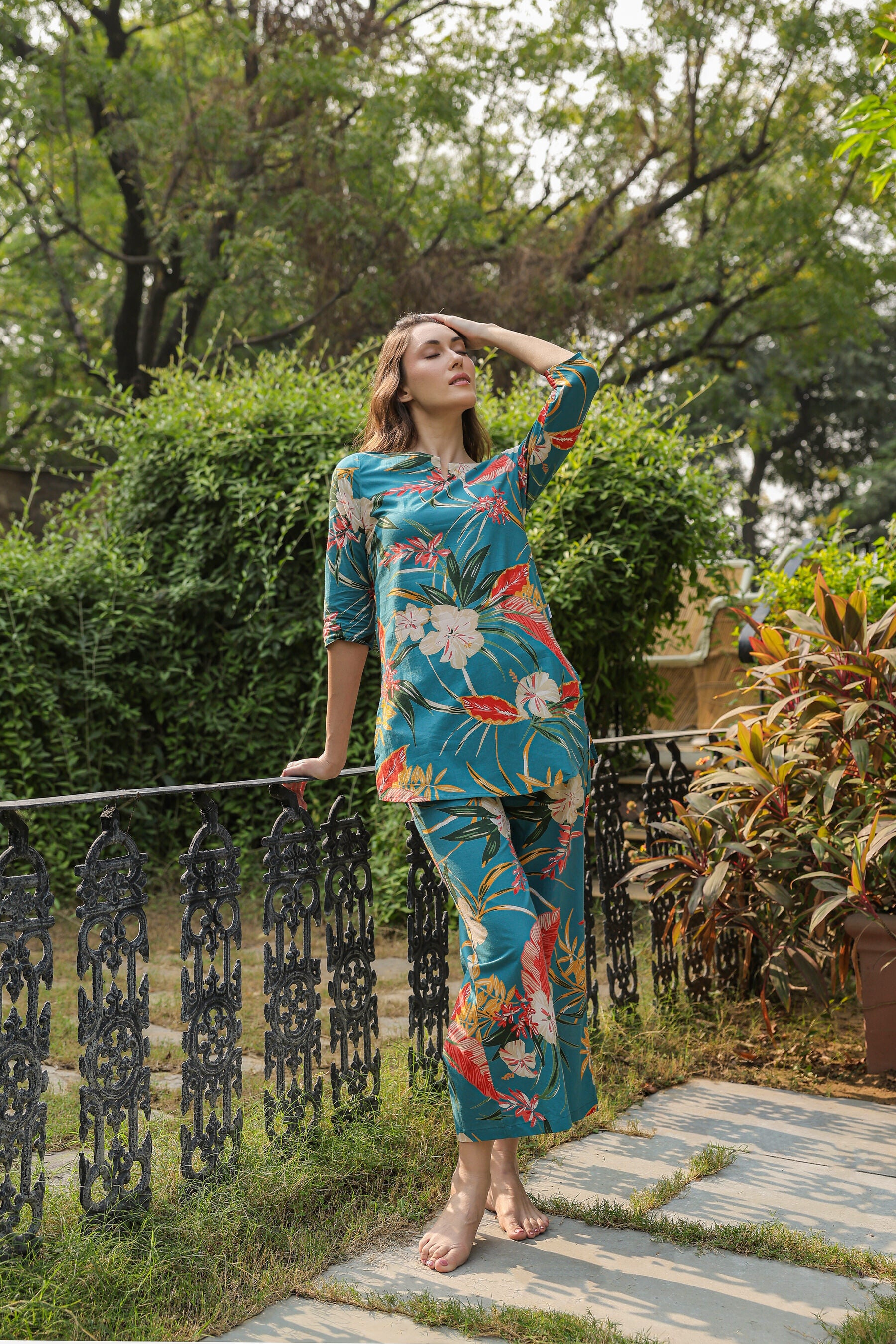 Teal Tranquility on Cotton Palazzo Loungewear Set