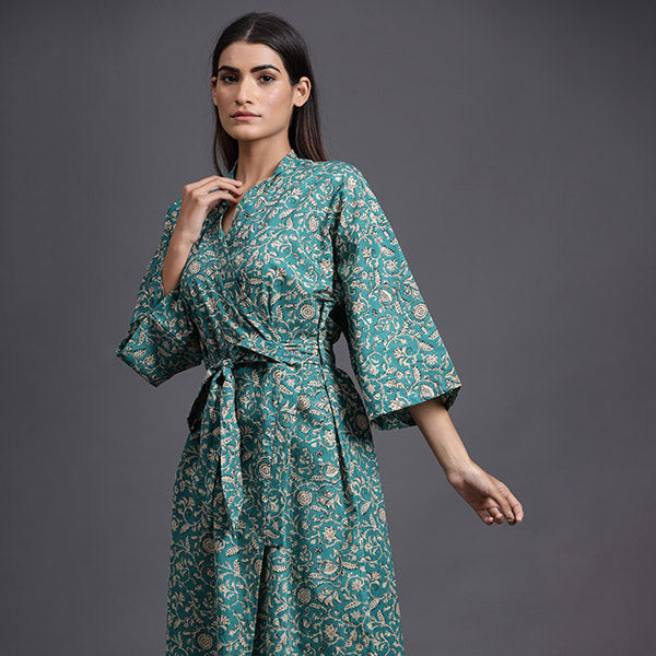 Floral Mosaic On Sea Green Robe Jisora Jaipur
