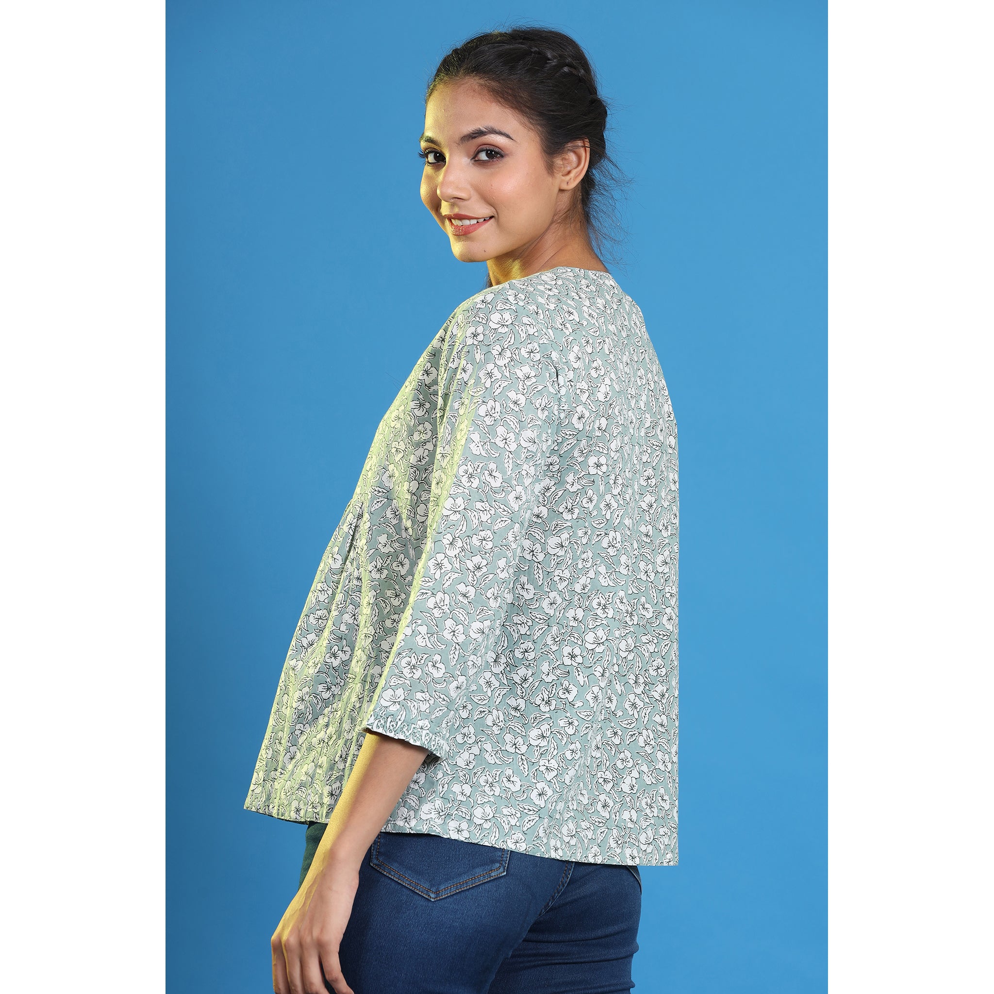 Floral Mosaic on Light Green Cotton Short Kurti
