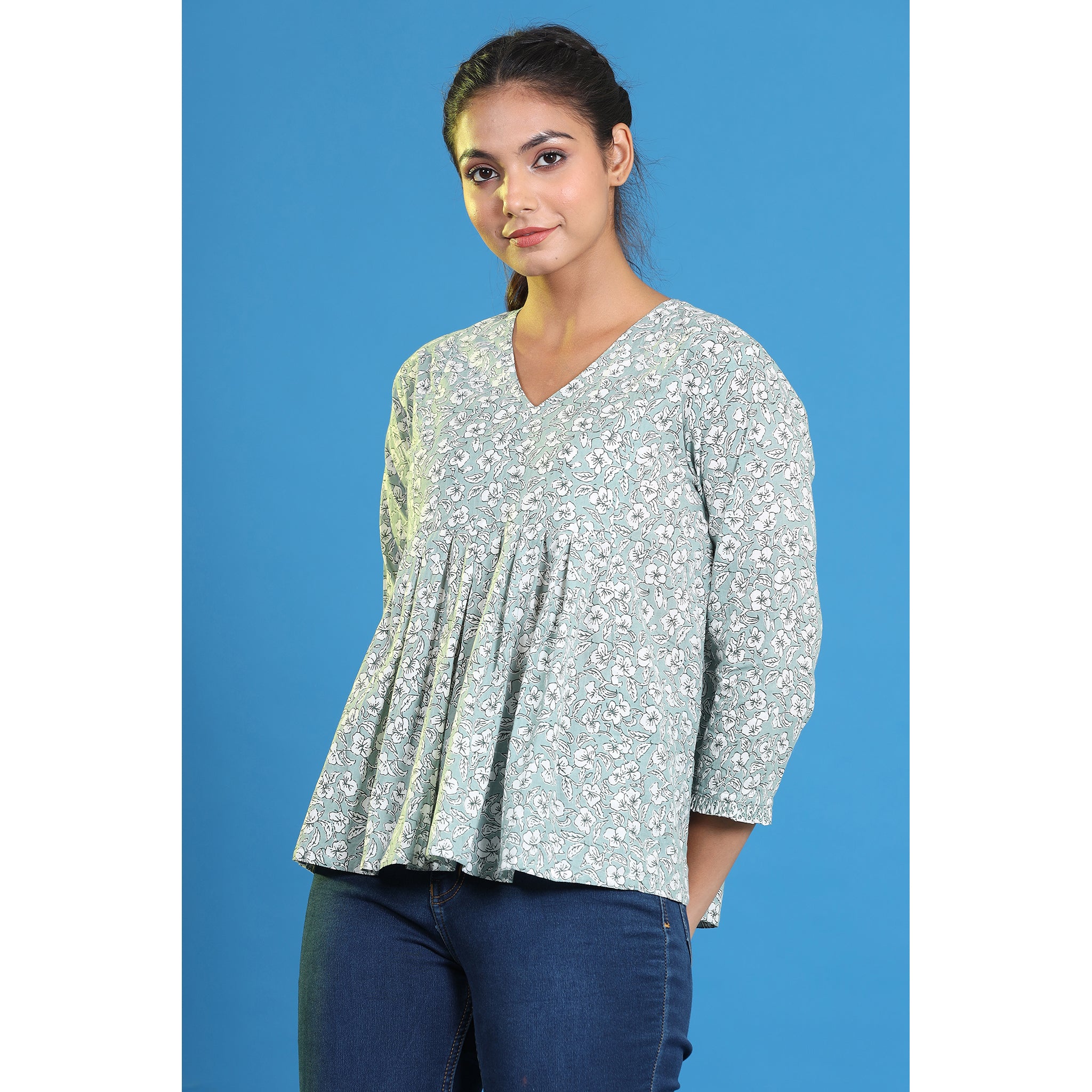 Floral Mosaic on Light Green Cotton Short Kurti